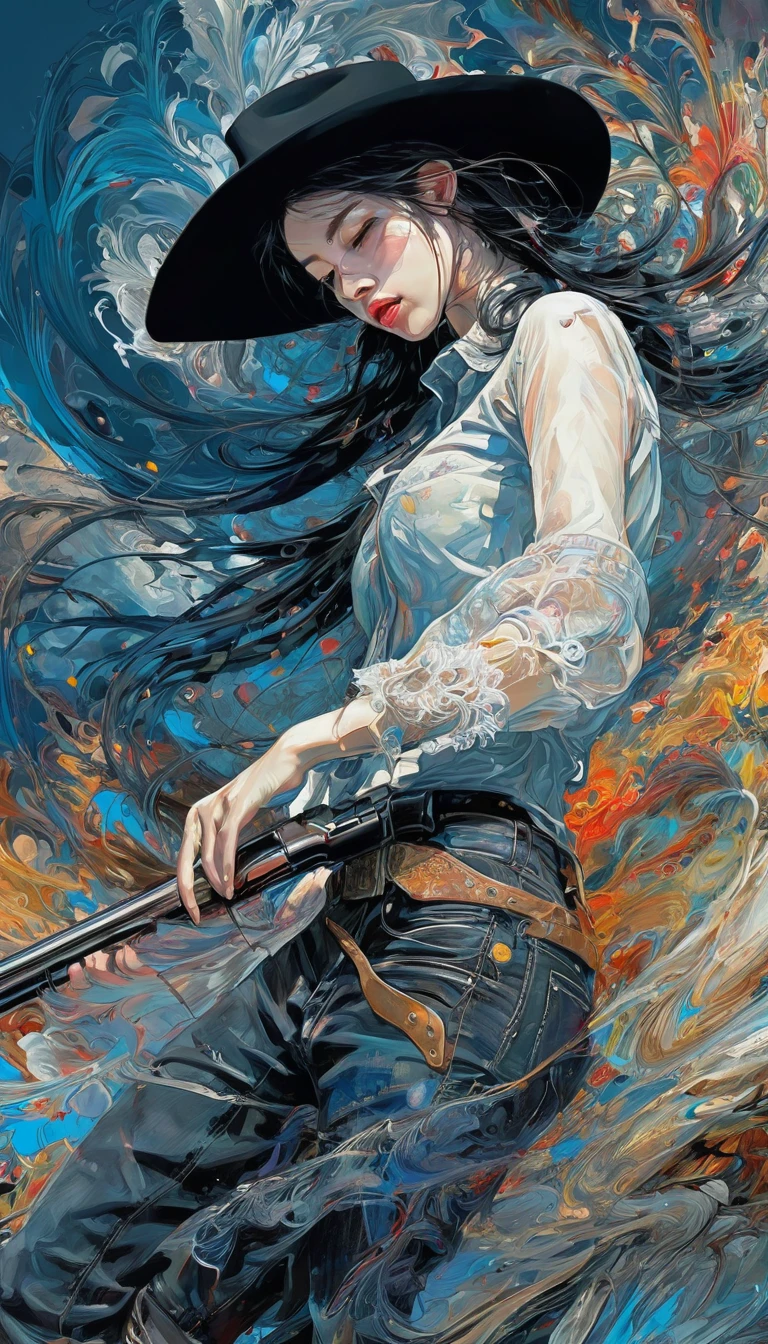 Abstract Expressionism Abstract Beauty,(Black transparent, Lace),(((Looking at the camera))),Nearly perfect,Dynamic,moonlight,Very detailed,number,Art Station,Concept Art,Smooth,Clear focus,illustration,Art work:carne griffiths 和 wadim kashin . Vibrant brushwork, Bold Colors, Abstract Form, Expressive, emotion, Official Art,Unity 8K wallpaper,Extremely detailed,beautiful and aesthetic,masterpiece,best quality,(zendispute, Mandala, dispute, endispute),(Fractal Art:1.3),1 Girl,(中等胸部Extremely detailed),((Cowboy shooting:1.5)),The most beautiful form of chaos,elegant,Barbarian design,Vibrant colors,,author:James Jean,Robbie Devi Antonio,Ross Chen,French Bacon,It was cold,Adrian Genius,Petra Corrette,Gerhard Richter,Takato Yamamoto,Ashley Wood,atmosphere,The ecstasy of notes,The flowing notes are clearly visible,