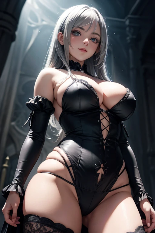 anime girl, large breasts, cleavage, standing up, grey hair, heterochromia, light smile, Gothic art, chiaroscuro, low angle, from below, super detail, 4K