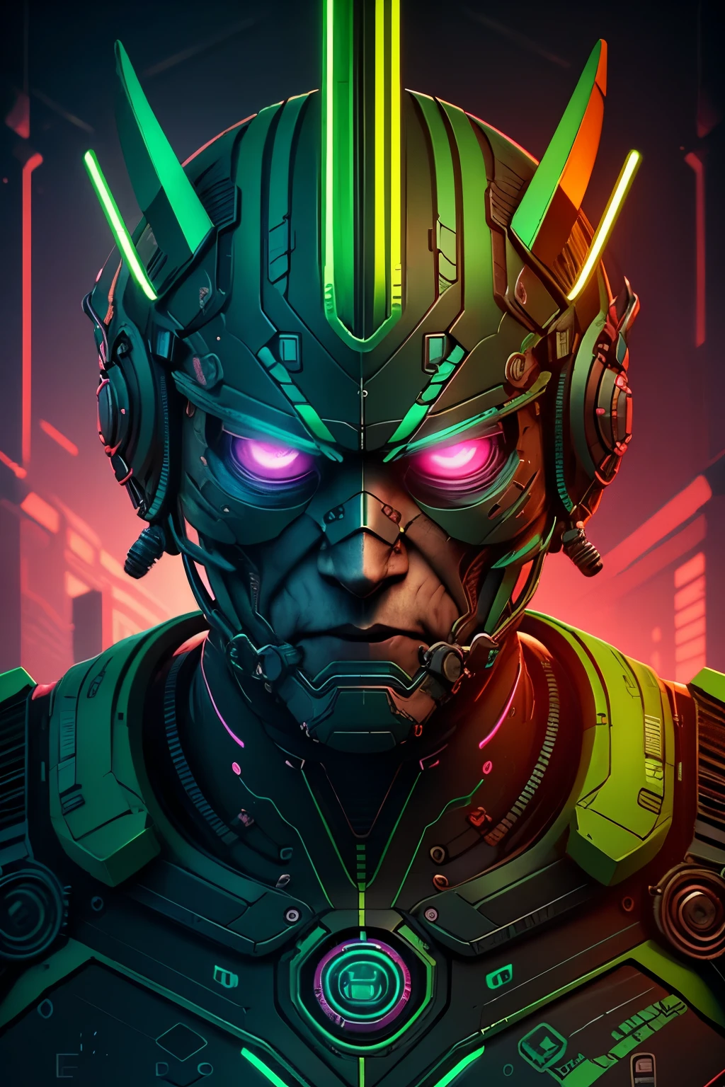 A MIGHT ANDROID WITH HIGH TECNOLOGY, PASTEL TONES OF GREEN, NEON DETAILS, 8K, UHD, UNREAL ENGINE
