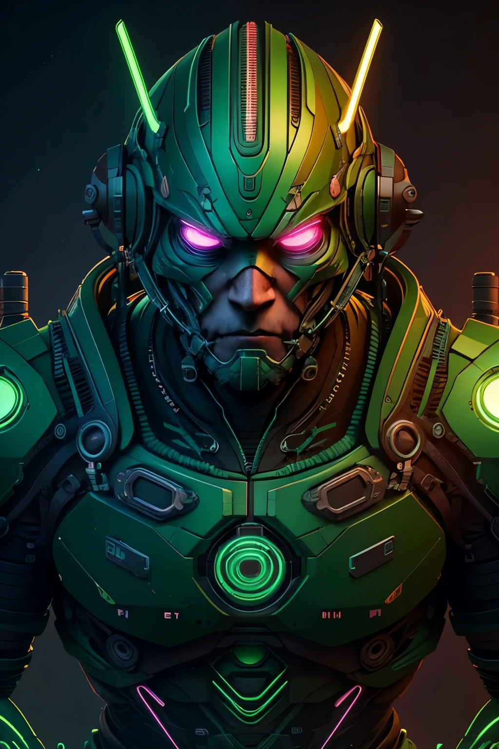 A MIGHT ANDROID WITH HIGH TECNOLOGY, PASTEL TONES OF GREEN, NEON DETAILS, 8K, UHD, UNREAL ENGINE
