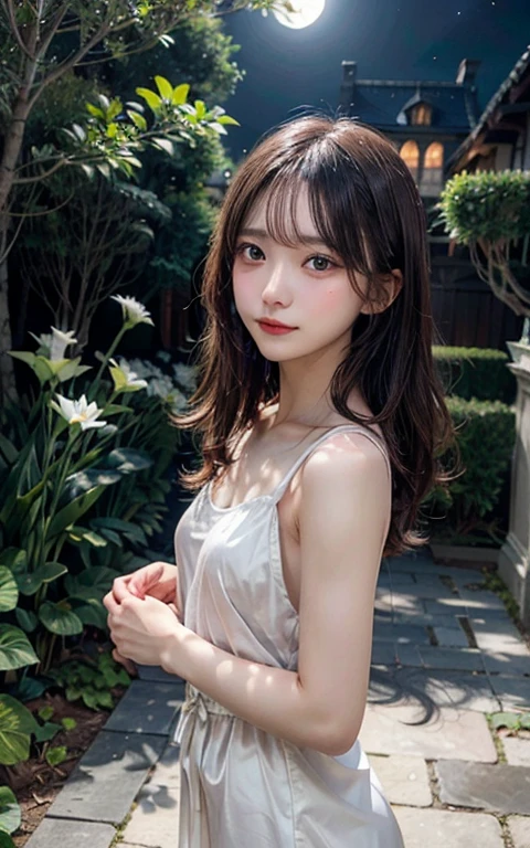 A beautiful woman with flowing dark hair stands in a moonlit garden in a silky white nightgown. She holds a delicate white lily on her ample chest, her eyes fixed on the full moon. A soft, ethereal light illuminates her face, casting gentle shadows on her porcelain skin. In the background, an ancient castle stands, its turrets rising against the night sky. A magical circle glows faintly on the ground, and the air is filled with the sweet scent of night-blooming jasmine. The shallow depth of field focuses on the sweet, gentle woman's face and the lily she holds.