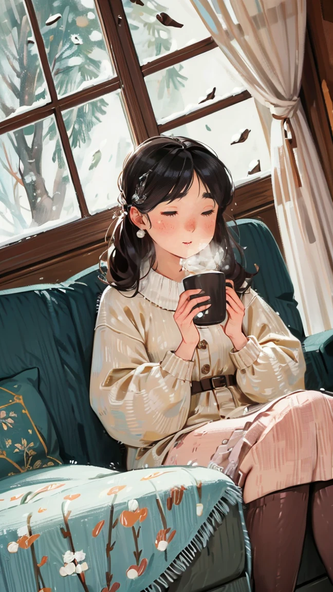 wood floor living room、furnace、couples sits at sofa cuddled inside blanket looking at windows、they holding cup of hot chocolate, snowy window outside、eveming、snow drops、cozy living room, nice aesthetics carpets