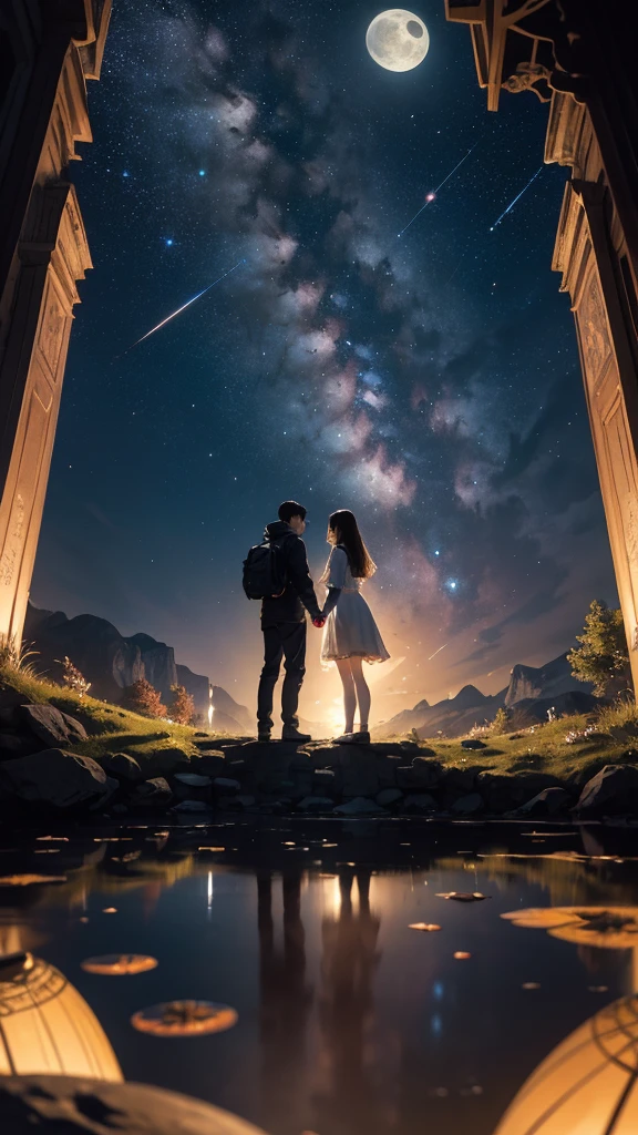 Masterpiece artwork, best qualityer, ultra detali, illustration, Couple in love holding hands under the moonlight, Full moon in dark sky, 独奏, plein-air, Campsite, natta, mountainscape, naturey, stele, moonligh, camp fire, forst, stones, Riu, Wood, smoke billowing, eyeshadows, sharp contrast, sky clear, constellations, milky ways, peaceful, serene, quiet, tranquil, remote, isolated, perseverance, resistance, resistance, observation, intuition, adaptability, creativity, imagination, artistry, inspiration, Beauthfull, admiration, wonder wonder wonder wonder wonder wonder wonder wonder wonder wonder wonder wonder wonder wonder wonder wonder wonder wonder wonder wonder wonder wonder wonder wonder wonder wonder wonder wonder wonder wonder wonder wonder, gratitude, appreciation, relaxation, pleasure, rejuvenating, mindfulness , consciousness, connectedness, harmony, balance, texture, detail, 真实感, DeepL, perspective, compositing, Farbe, Lumiere, ombre, reflection, refraction, tom, sharp contrast, foreground, middle ground, fund, naturalist, Figurative, representational, impressionistic, expressionist, abstrato, groundbreaking, experimental, only one, grande moonligh cheia
