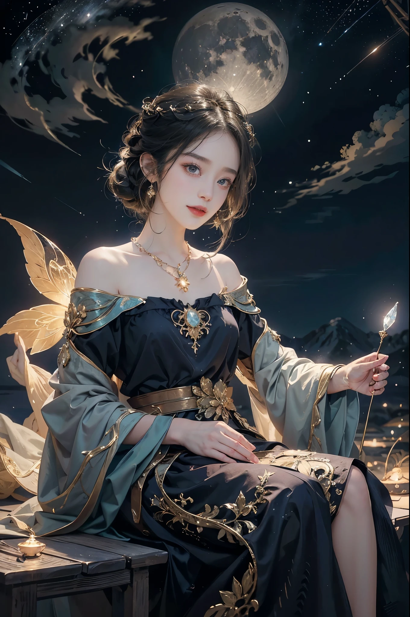 a beautiful girl,gorgeous dress,sitting,moon in the sky,detailed background of the moon,Moon Goddess,Beautiful Celestial Mage,Goodness of Heaven, Celestial Fairy,very Beautiful fantasy art,8k high quality detailed art,medium straight bob hair,crystal necklace,slim,thin,flat chest,small breasts,best quality,masterpiece,starry sky,night scene,(close-up of face:1.3),laughing,realistic