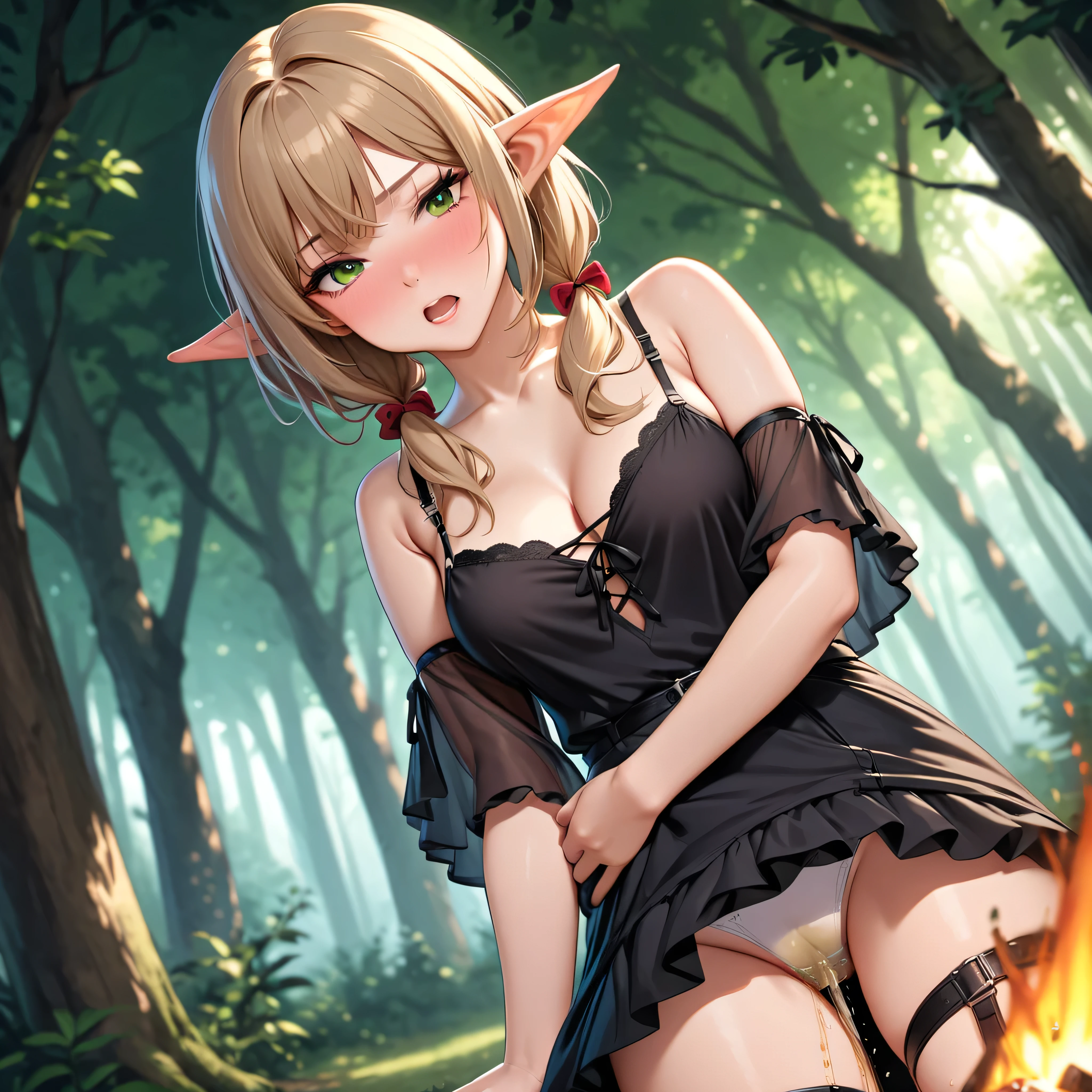 ((masterpiece,Highest quality;1.3,best illustration,realistic)), elf girls, elf ears, blushing, mouths open in arousal, incontinence、peeing  pee stains, wet panties, ensemble in the forest,  campfire.