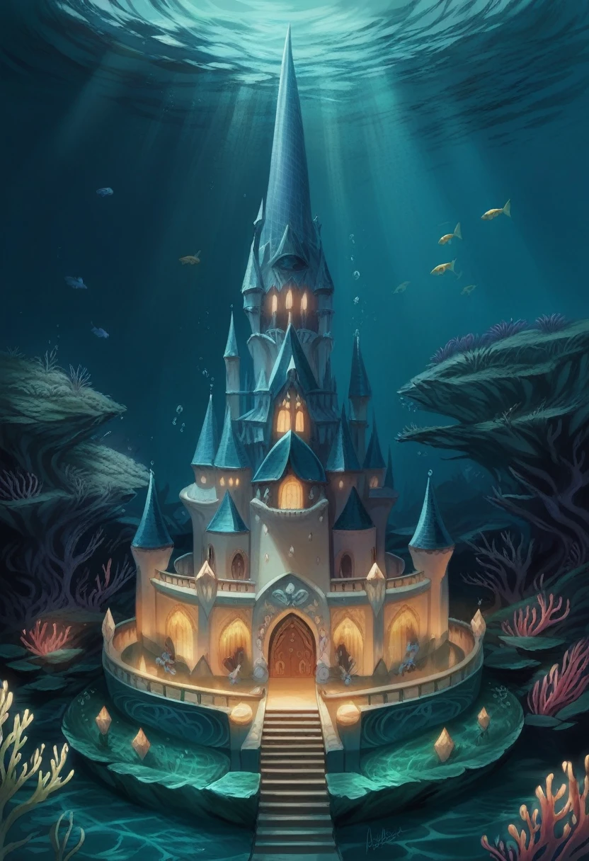 a painting of a castle surrounded by water and fish, magical castle, little mermaid magical kingdom, fantasy castle, under the sea, beautiful detailed fantasy, underwater world, magic fantasy highly detailed, under water scenery, magical ocean, underwater city, ultra detailed fantasy, beautiful castle, fairy palace, an underwater city, fantasy highly detailed, fantasy sea landscape, undersea temple with fish