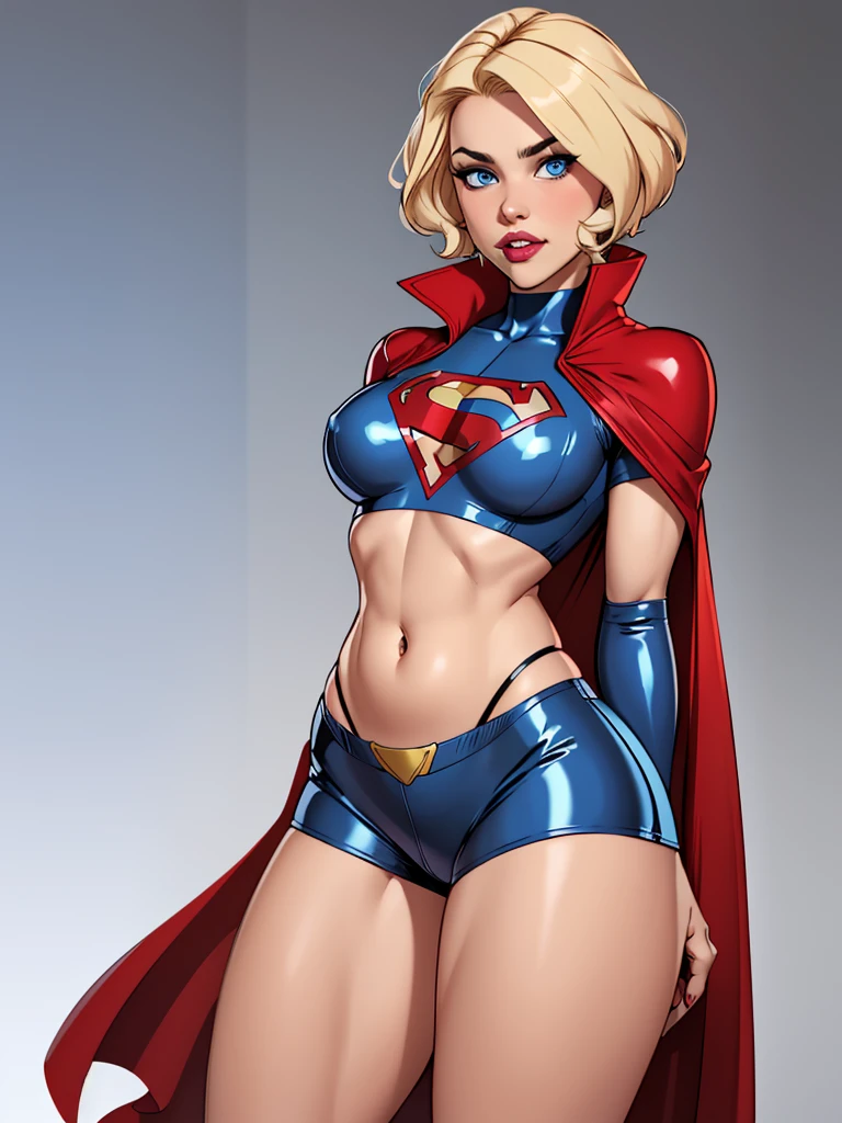 Blonde girl with short hair, blue eyes, wearing a blue hero costume, wearing a shirt with latex sleeves, belly showing, wearing blue latex shorts and wearing a red cape 