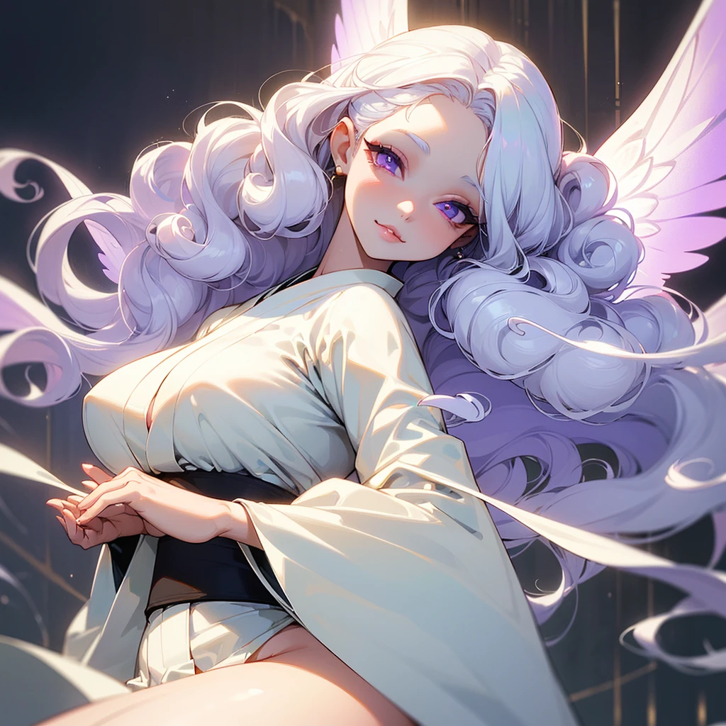 ((ultra quality)), ((masterpiece)), ((Angelic beauty woman)), ((Silk Moth Wings)), ((moth wings)), ((long white curly hair)), ((White hair)), ((White hair)), ((curly hair)),  (beautiful face), (beautiful female lips), Enchanting ((Seductive facial expression)), looks at the camera with a slight smile, (White skin color), (White skin), glow on the body, ((detailed eyes)), ((violet eyes)), (juicy female lips), (dark eyeliner), (beautiful female hands), ((thick body)), ideal female body, ((white kimono)), beautiful waist, beautiful big hips, big breasts, thick thighs, ((Subtle and beautiful)) (), ((depth of field)), ((high quality clear image)), (delete details), ((High detail)), ((clear focus))