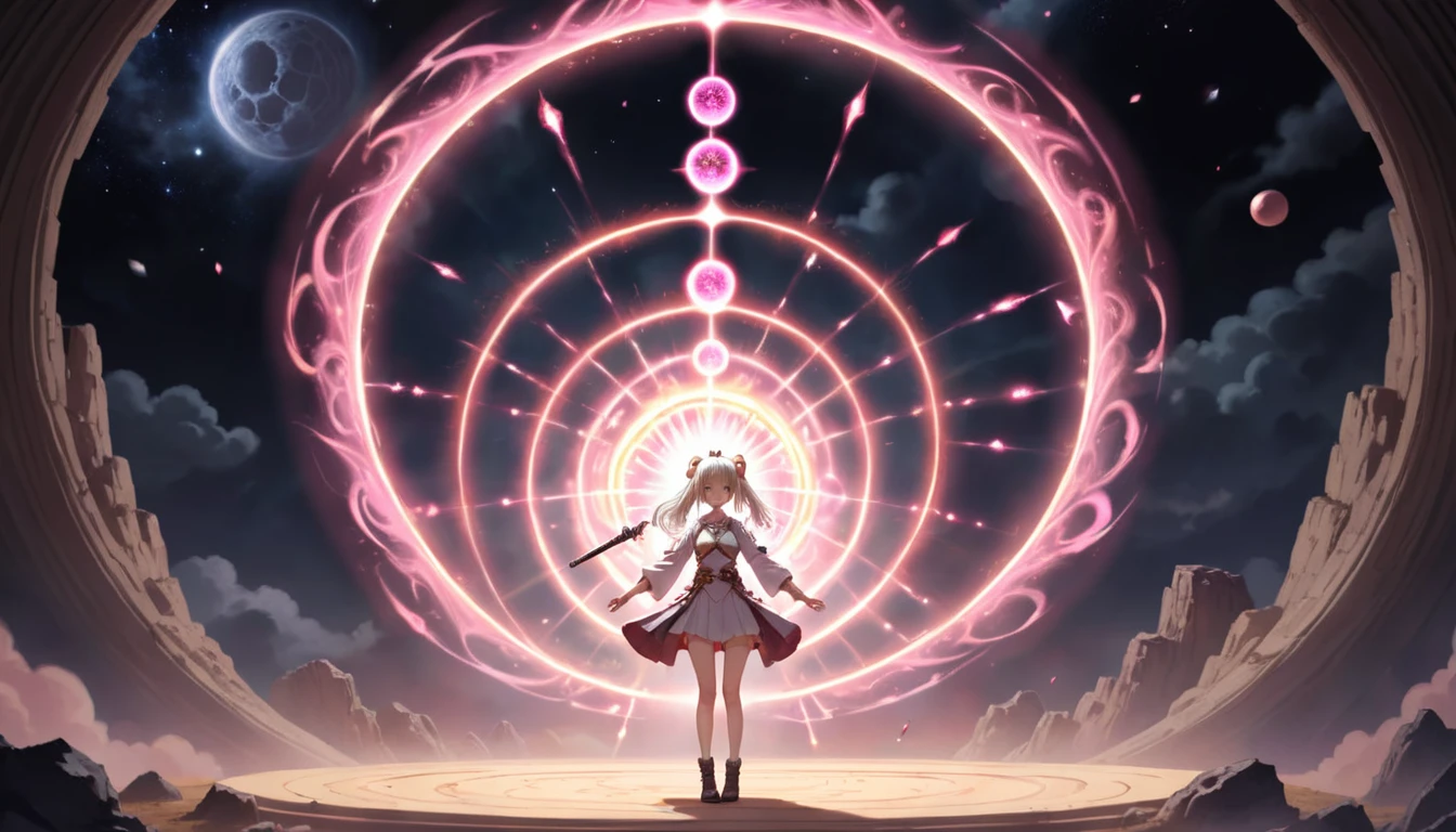 Woman with weapon coming out of body、kawaii、A magic circle appeared overhead and at your feet.、