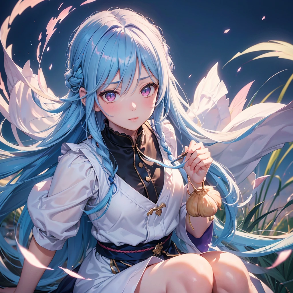 Sky blue hair, (1 braided hair), (Pink eyes),Fair skin) ,(whole body),(One Girl),(rice dumpling), harvest moon,Miscanthus sinensis,(full moon),(masterpiece, Highest quality, Very detailed, Best Shadow), (Detailed Background), (Beautifully detailed face), High Contrast, (Best lighting, Very delicate and beautiful), ((Cinematic Light)), Hyper Detail,8k, Dramatic Light, Intricate details,Sit down and eat rice dumplings