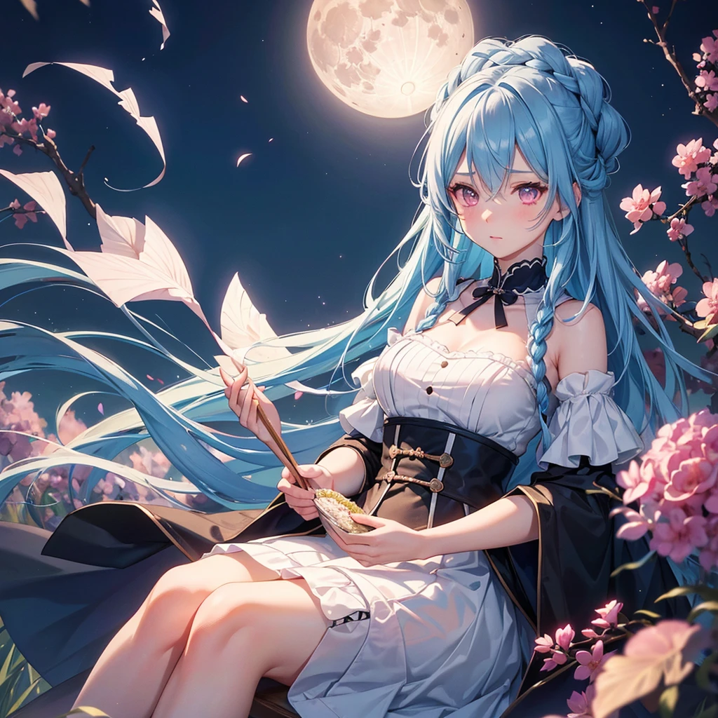 Sky blue hair, (1 braided hair), (Pink eyes),Fair skin) ,(whole body),(One Girl),(rice dumpling), harvest moon,Miscanthus sinensis,(full moon),(masterpiece, Highest quality, Very detailed, Best Shadow), (Detailed Background), (Beautifully detailed face), High Contrast, (Best lighting, Very delicate and beautiful), ((Cinematic Light)), Hyper Detail,8k, Dramatic Light, Intricate details,Sit down and eat rice dumplings