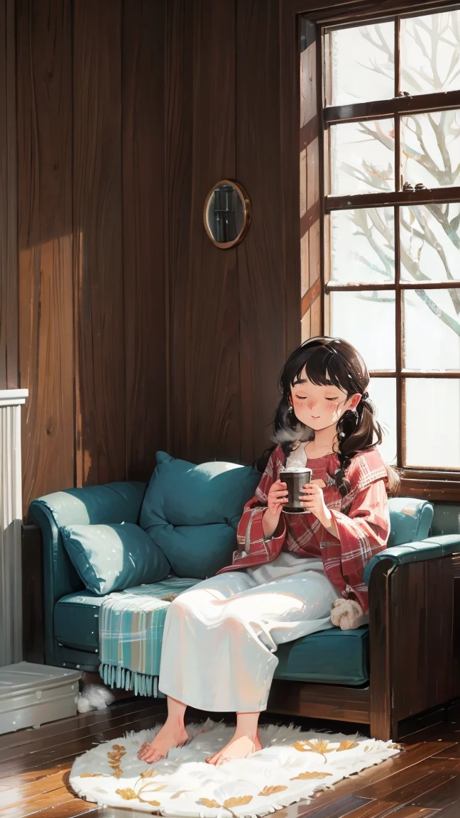 wood floor living room、furnace、couples sits at sofa cuddled inside blanket looking at windows、they holding cup of hot chocolate, snowy window outside、eveming、snow drops、cozy living room, nice aesthetics carpets