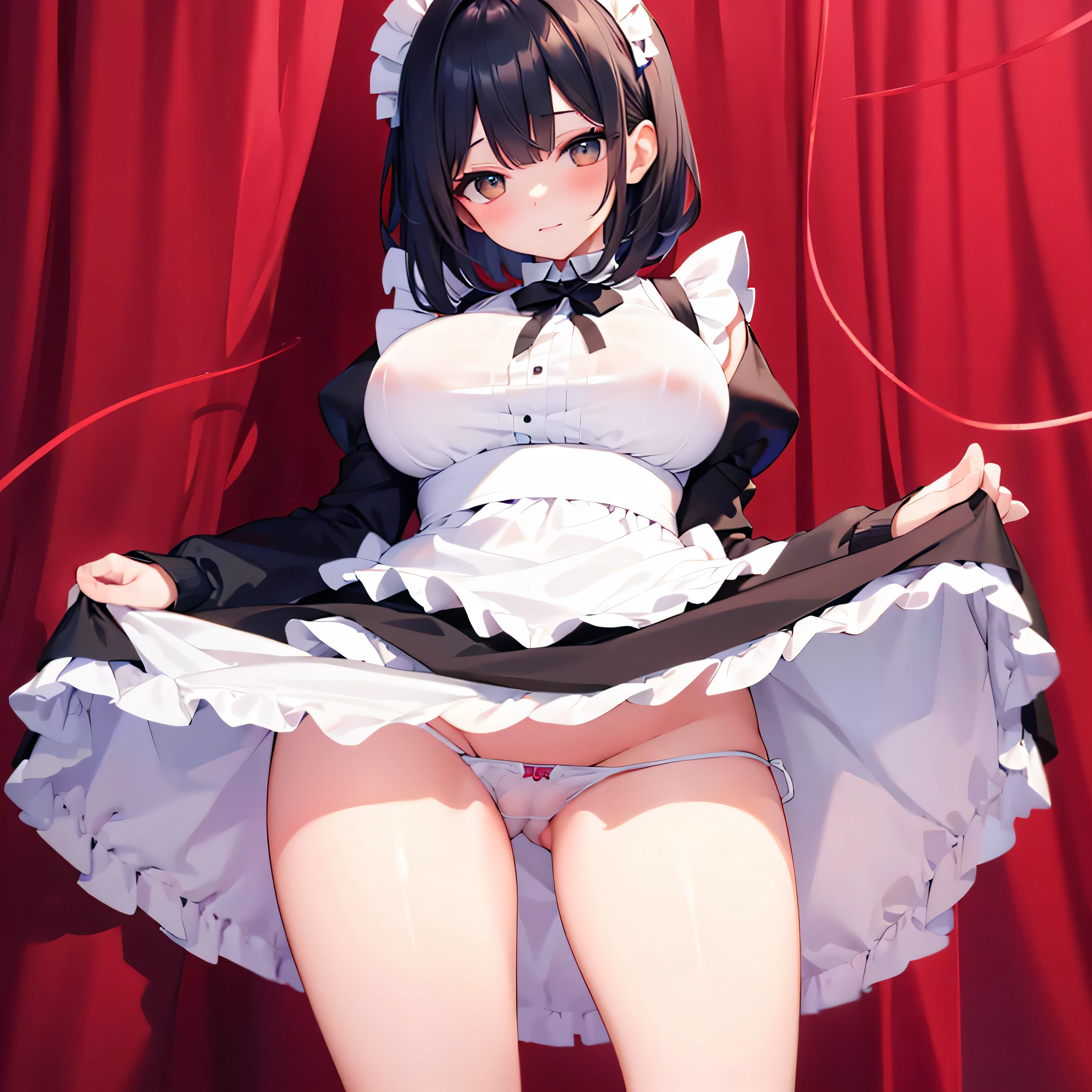 (solo:1.2), (1 maid standing), (curtsey:1.3), skinny, maid dress, short black hair, long sidelocks, bangs, BREAK, short torso, white apron cinches waist too tight, too narrow waist, long skinny legs, (bursting huge breasts), BREAK, both hands lifting very short skirt up, (show off white string panty), BREAK, nsfw, cameltoe, orgasm