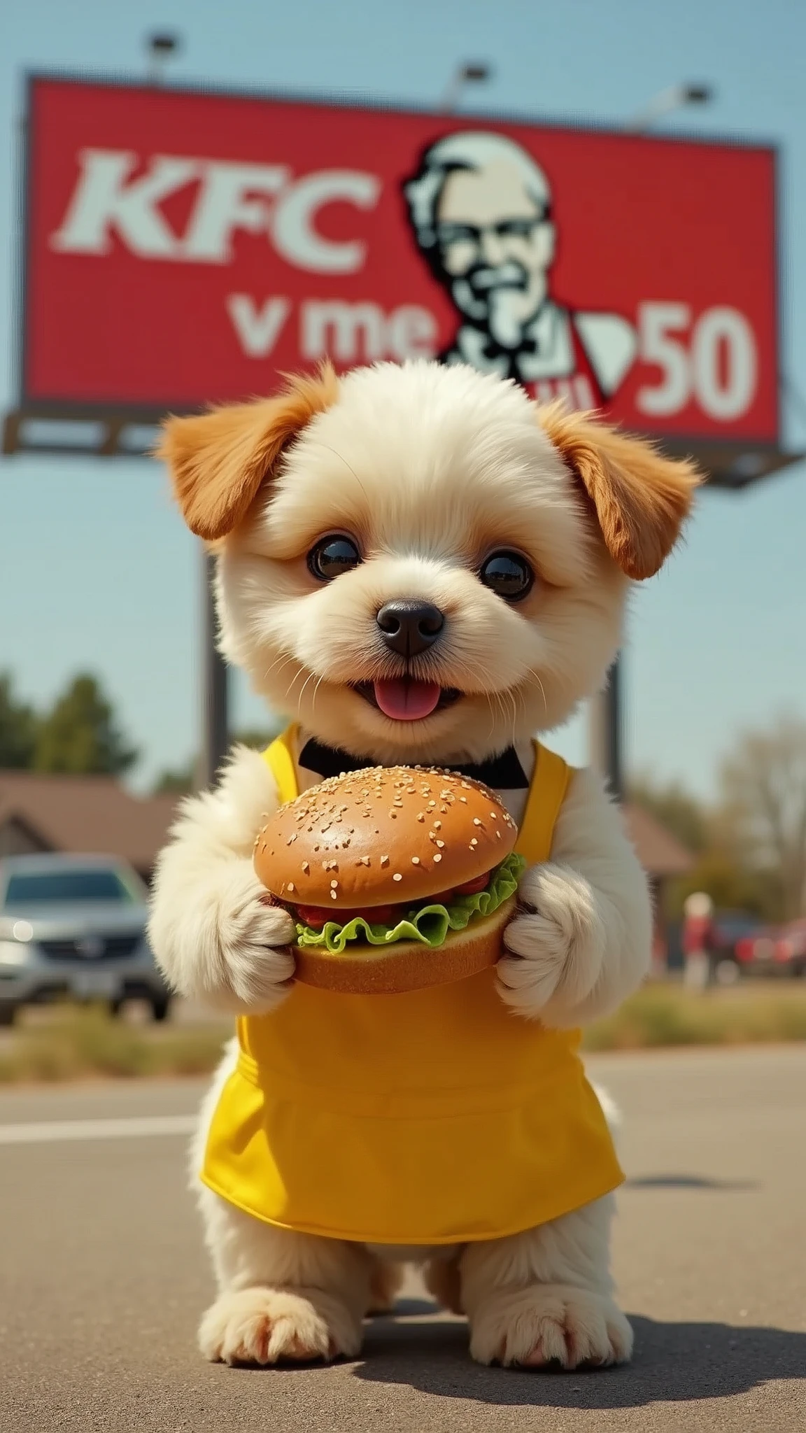 Cute puppy holding hamburger,Wearing a yellow apron,The billboard behind it reads "KFC v me 50"