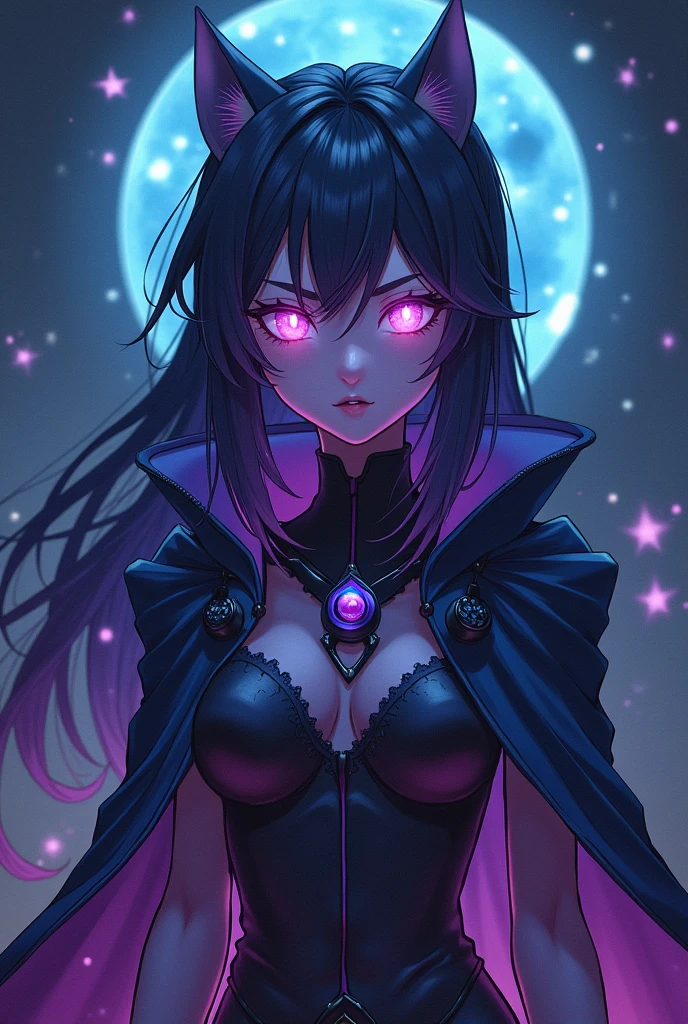 Anime, Galactic Sorceress, glowing sclera, hypnotic eyes, ultra detailed, fullbody.