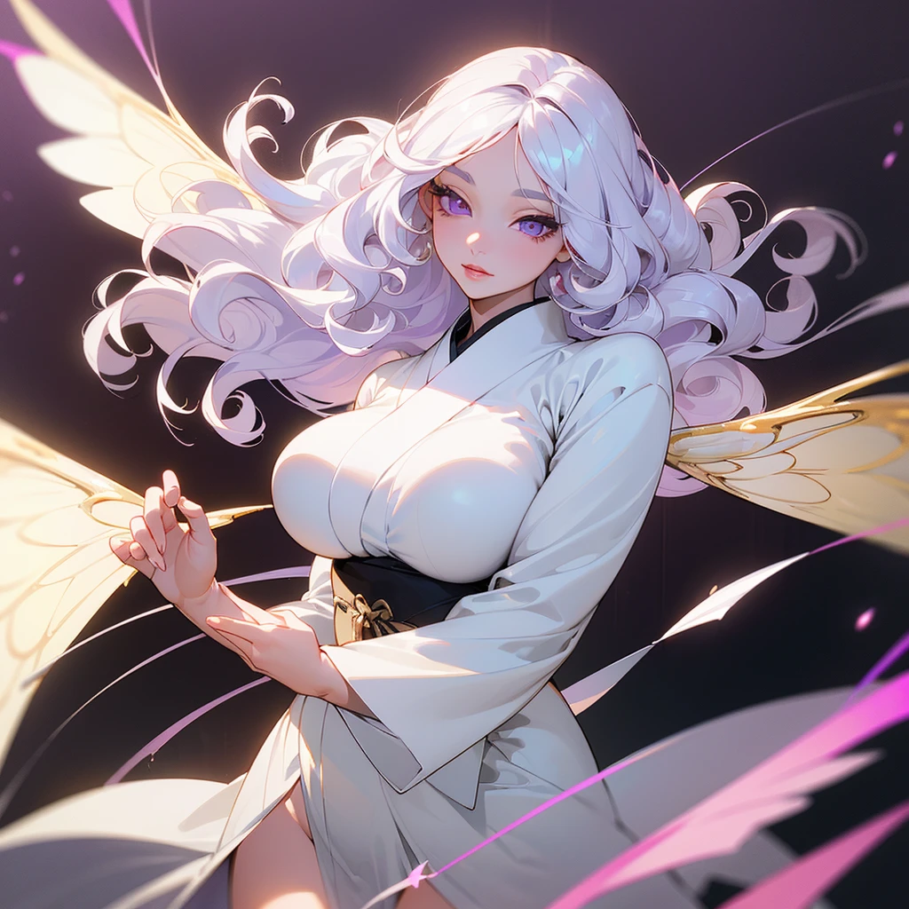 ((ultra quality)), ((masterpiece)), ((Angelic beauty woman)), ((Silk Moth Wings)), ((moth wings)), ((long white curly hair)), ((White hair)), ((White hair)), ((curly hair)), (beautiful face), (beautiful female lips), Enchanting ((Seductive facial expression)), looks at the camera with a slight smile, (White skin color), (White skin), glow on the body, ((detailed eyes)), ((violet eyes)), (juicy female lips), (dark eyeliner), (beautiful female hands), ((thick body)), ideal female body, ((white kimono)), beautiful waist, beautiful big hips, big breasts, thick thighs, ((Subtle and beautiful)) (), ((depth of field)), ((high quality clear image)), (delete details), ((High detail)), ((clear focus))