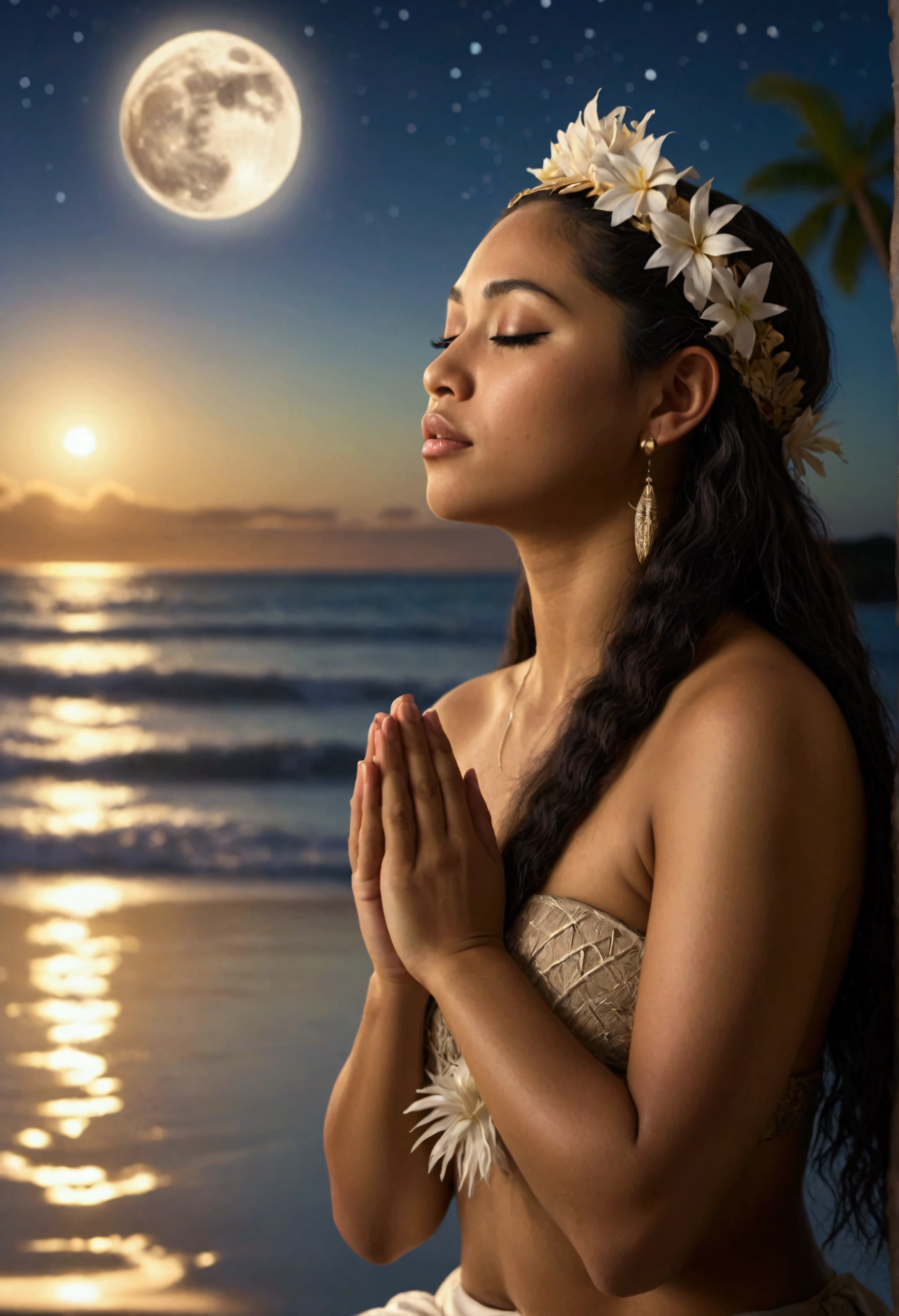 A lovely scantily clad woman (samoan) prays for fertility at a serene beach. A translucent goddess floats above the water and listens to her prayer. Moonlit confession
