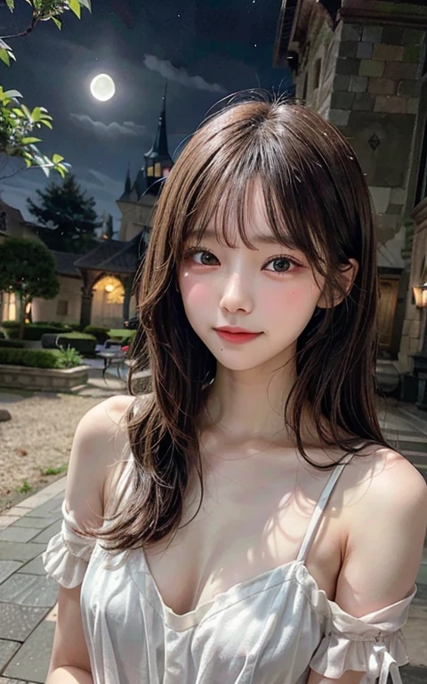 A beautiful woman with flowing dark hair stands in a moonlit garden in a silky white nightgown. She holds a delicate white lily on her ample chest, her eyes fixed on the full moon. A soft, ethereal light illuminates her face, casting gentle shadows on her porcelain skin. In the background, an ancient castle stands, its turrets rising against the night sky. A magical circle glows faintly on the ground, and the air is filled with the sweet scent of night-blooming jasmine. The shallow depth of field focuses on the sweet, gentle woman's face and the lily she holds.