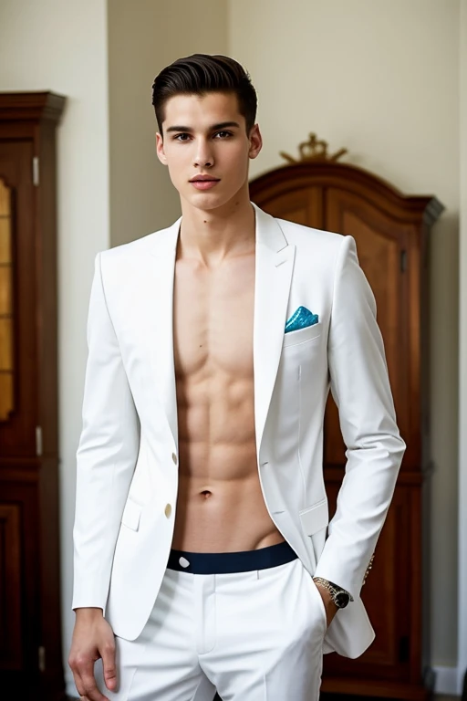 A young man, Beautiful, handsome, skinny, white without shirt,custom suit of brazil with symbol of the country brazil acleticos