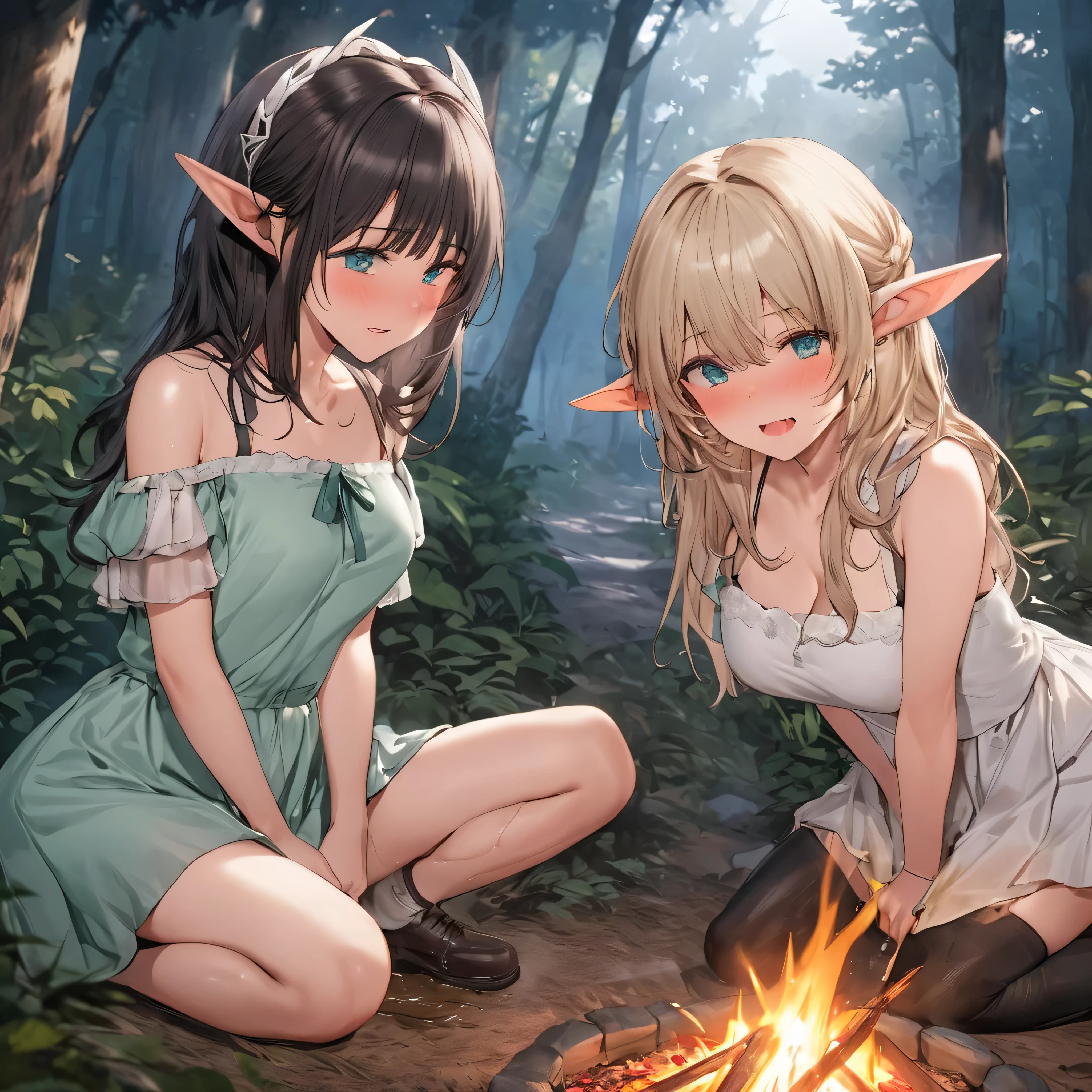 ((masterpiece,Highest quality;1.3,best illustration,realistic)), 3 elf girls, elf ears, blushing, mouths open in arousal, incontinence、peeing  pee stains, wet panties, ensemble in the forest,  campfire.