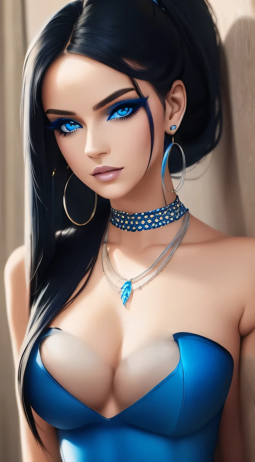 Amazing portrait of a sexy woman with a beautiful face covered with makeup with blue eye shadow and blue eyeliner emphasizing her seductive eyes and her long black hair in a long ponytail wearing a small blue necklace and silver hoop earrings and a short blue strapless top showcasing her bare shoulders and midriff paired with long blue flared leggings and high heels