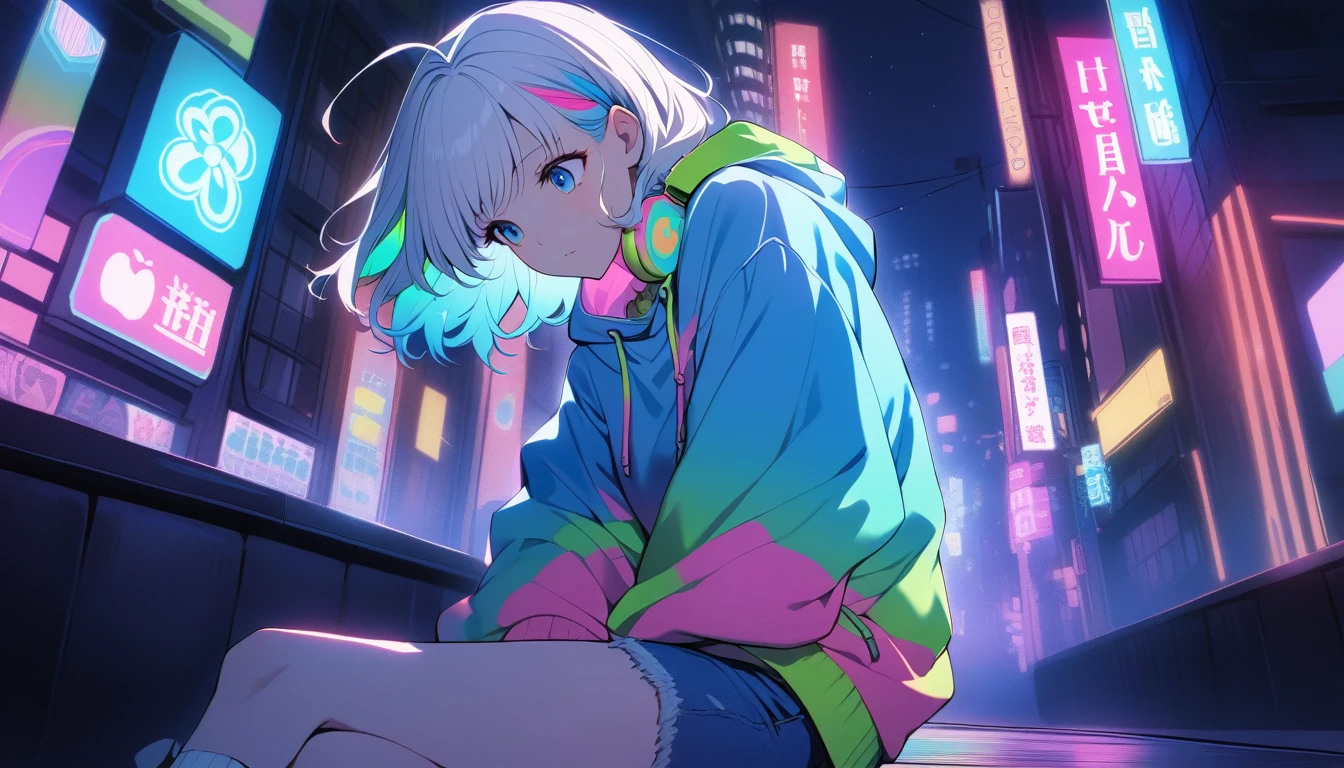 HD 8k Handsome sexy cute, Solitary, 1 female, Medium Length Hair, white hair, Rainbow hair, blue Eyes, looking away, Rainbow headphone, hoodie, colored hoodie, denim shorts, sneakers, Human focus, outdoor, blue night sky, background is 1980's Japanese NEON Tokyo, vibrant, cityscape, night
