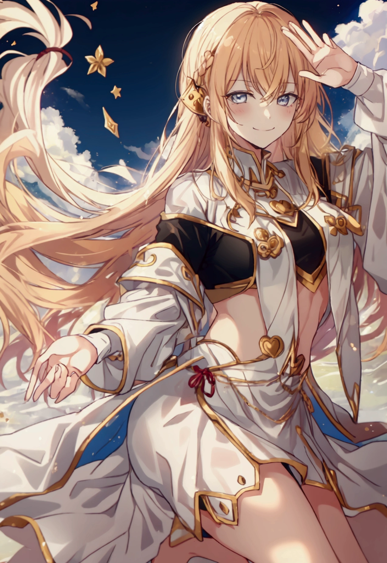 ((masterpiece、highest quality、highest quality、An illustration、Intricate details))、girl 、Outdoor、Ride the Dragon、golden knight、Golden Dragon、Final Fantasy、Long blonde、peace、Golden Aura、Beauty、Adult、Open chest、Bare thighs、Cape、pterosaur、Healing、blue sky、Long-sleeved kimono