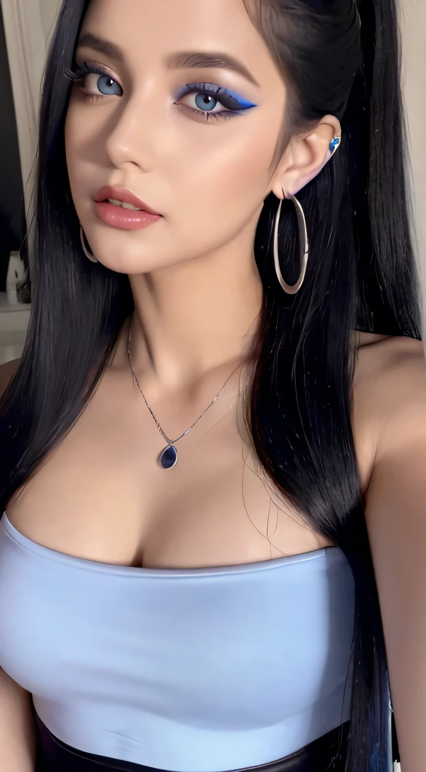 Amazing portrait of a sexy woman with a beautiful face covered with makeup with blue eye shadow and blue eyeliner emphasizing her seductive eyes and her long black hair in a long ponytail wearing a small blue necklace and silver hoop earrings and a short blue strapless top showcasing her bare shoulders and midriff paired with long blue flared leggings and high heels