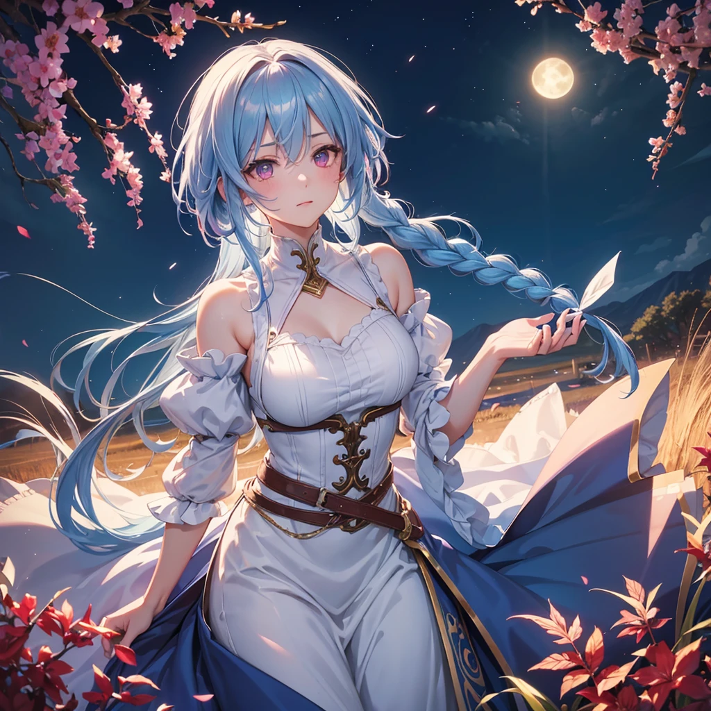 Sky blue hair, (1 braided hair), (Pink eyes),Fair skin)  ,(whole body),(One Girl),(White sweet dumpling), harvest moon,A large amount of Miscanthus sinensis in the background,(full moon),(masterpiece, Highest quality, Very detailed, Best Shadow), (Detailed Background), (Beautifully detailed face), High Contrast, (Best lighting, Very delicate and beautiful), ((Cinematic Light)), Hyper Detail,8k, Dramatic Light, Intricate details,