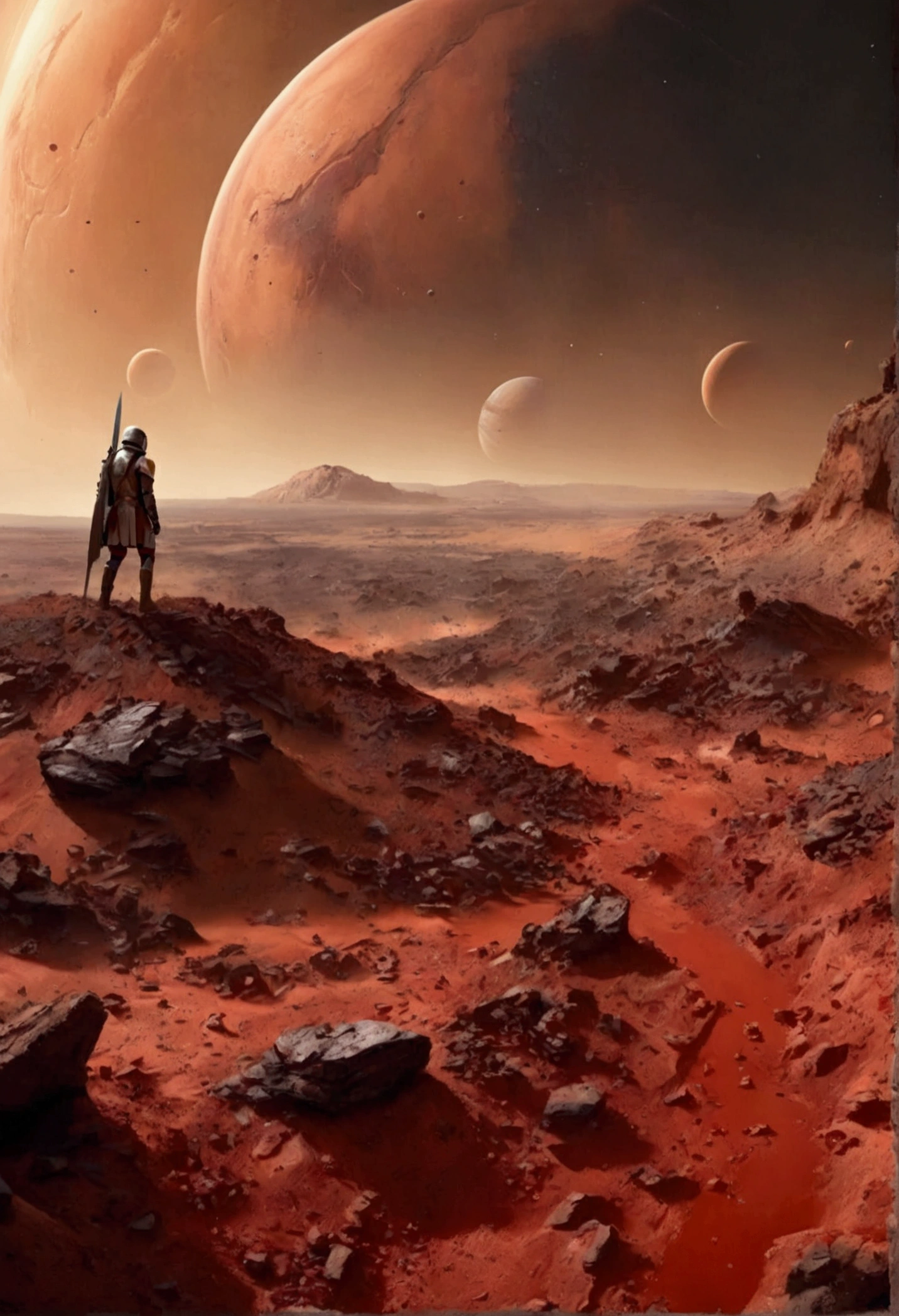 best quality,masterpiece,Ultra-high resolution, (Reality:1.4), RAW photos,Sky full of Mars,There is blood all around,A battlefield with broken swords stuck in the ground,no people