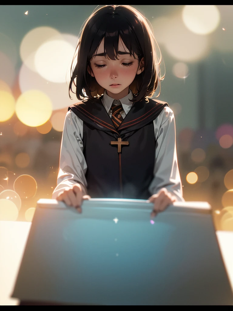 (Sumilux f1.4 50mm , low Latitude old color negative film , cross process , bokeh, flare, chromatic aberration , soft focus, (Shallow focus) , soft glow , Maximum aperture, high Key , Transparent depiction) , artistic photo , looking away , Harry Potter starring Rowan Atkinson , Hermione is played by Shimura Ken , comedy