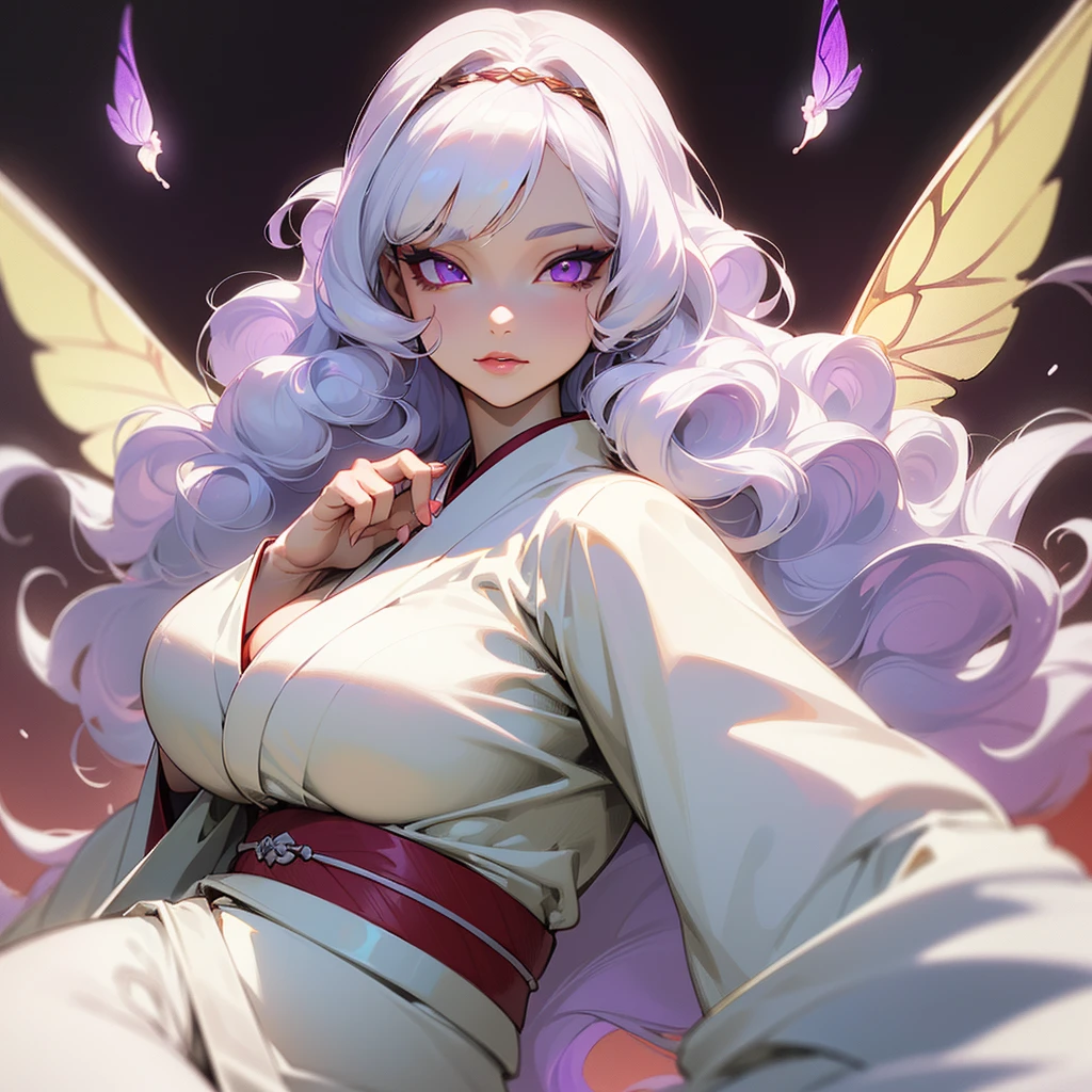 ((ultra quality)), ((masterpiece)), ((devil)), ((yokai)), ((Angelic beauty woman)), ((Silk Moth Wings)), ((moth wings)), ((long white curly hair)), ((White hair)), ((White hair)), ((curly hair)),  (beautiful face), (beautiful female lips), Enchanting ((Seductive facial expression)), looks at the camera with a slight smile, (White skin color), (White skin), glow on the body, ((detailed eyes)), ((violet eyes)), (juicy female lips), (dark eyeliner), (beautiful female hands), ((thick body)), ideal female body, ((white kimono)), beautiful waist, beautiful big hips, big breasts, thick thighs, ((Subtle and beautiful)) (), ((depth of field)), ((high quality clear image)), (delete details), ((High detail)), ((clear focus))