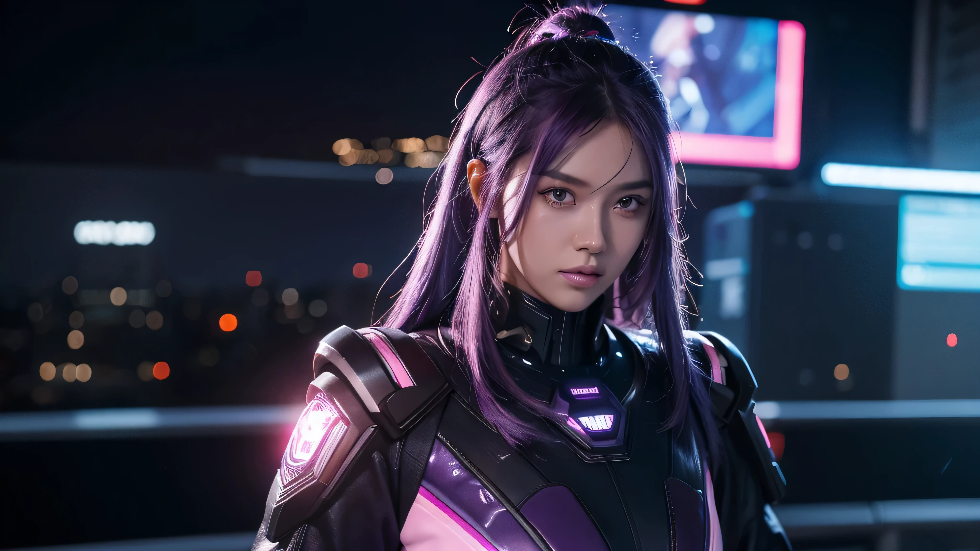 a futuristic girl, dark skin, purple eyes, space, purple hair, blue hair, pink hair, long hair, dark skin, futuristic coffee shop, best quality, 4k, 8k, highres, masterpiece:1.2, ultra-detailed, realistic, photorealistic, photo-realistic:1.37, HDR, UHD, studio lighting, ultra-fine painting, sharp focus, physically-based rendering, extreme detail description, professional, vivid colors, bokeh, sci-fi, concept art
