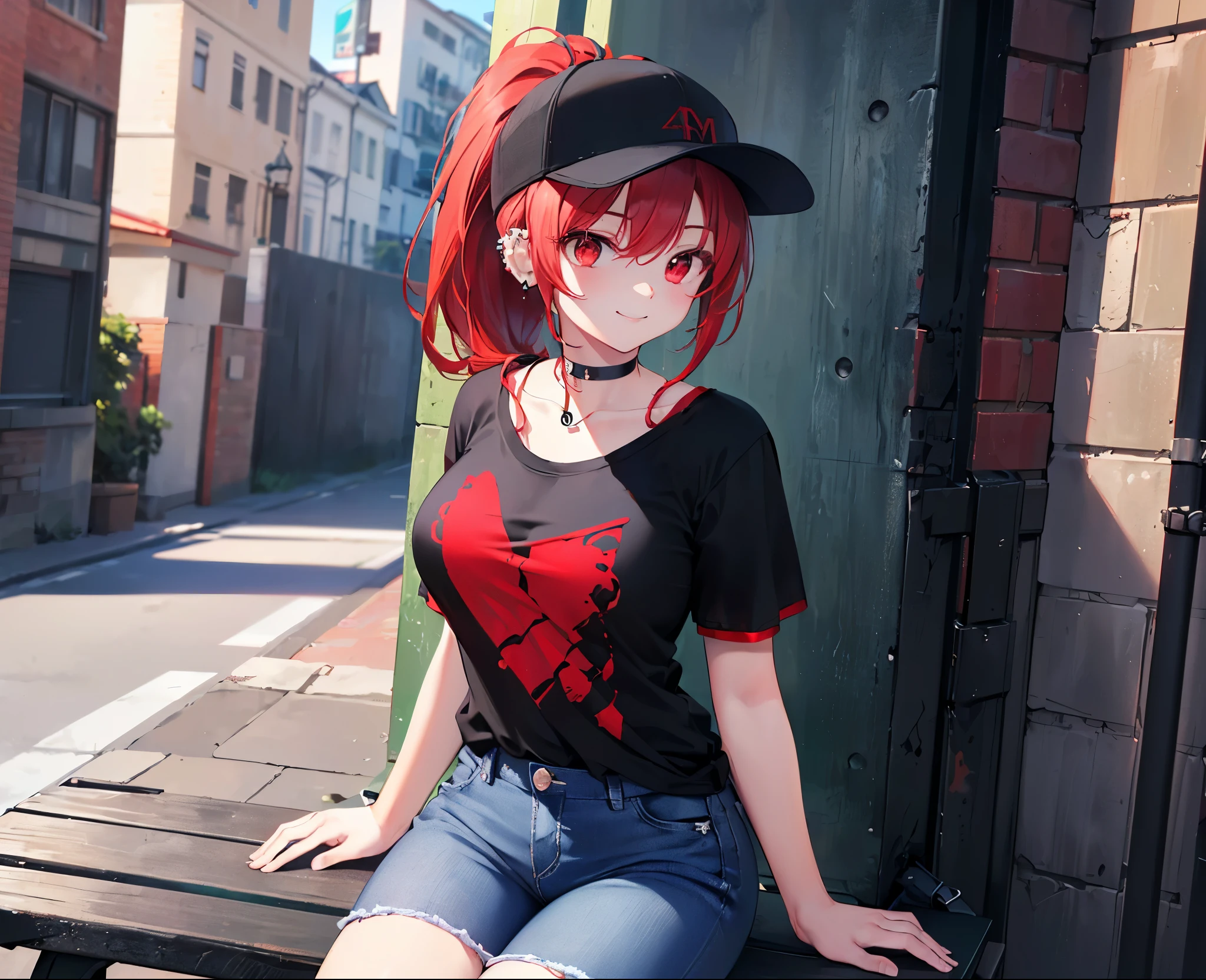 Realistic,Highest quality, Ultra Detail, High-quality CG rendering, The most delicate and beautiful, Floating softly, High resolution, (1 girl), (Highest quality,4K,8k,masterpiece:1.2),(All red hair:1.5), (ponytail:1.5),(Red eyes:1.5),(Slightly larger breasts:1.2), (Oversized black short sleeve t-shirt:1.5),(Black skinny jeans:1.5),(Black baseball cap:1.5),In the city,old buildings,Narrow back alley,(Sitting on a bench:1.3),smile,(Piercing in left ear:1.3),(Pitch black choker:1.5)