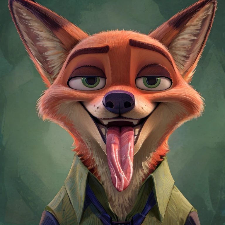 Nick Wilde (Zootopia), Disney Animation, 2D, Looking at viewer, Open Mouth, Tongue Out, Long Tongue, Wide-Eyed, Fox Ears, Light Green Eyes, Anatomically Correct, Seductive Smile, Raised Eyebrow, Oral Invitation, Simple background, Character Design, Illustration, High Resolution, Super Detailed, Textured Skin, Eye Level Shot, Single Shot, Full Shot