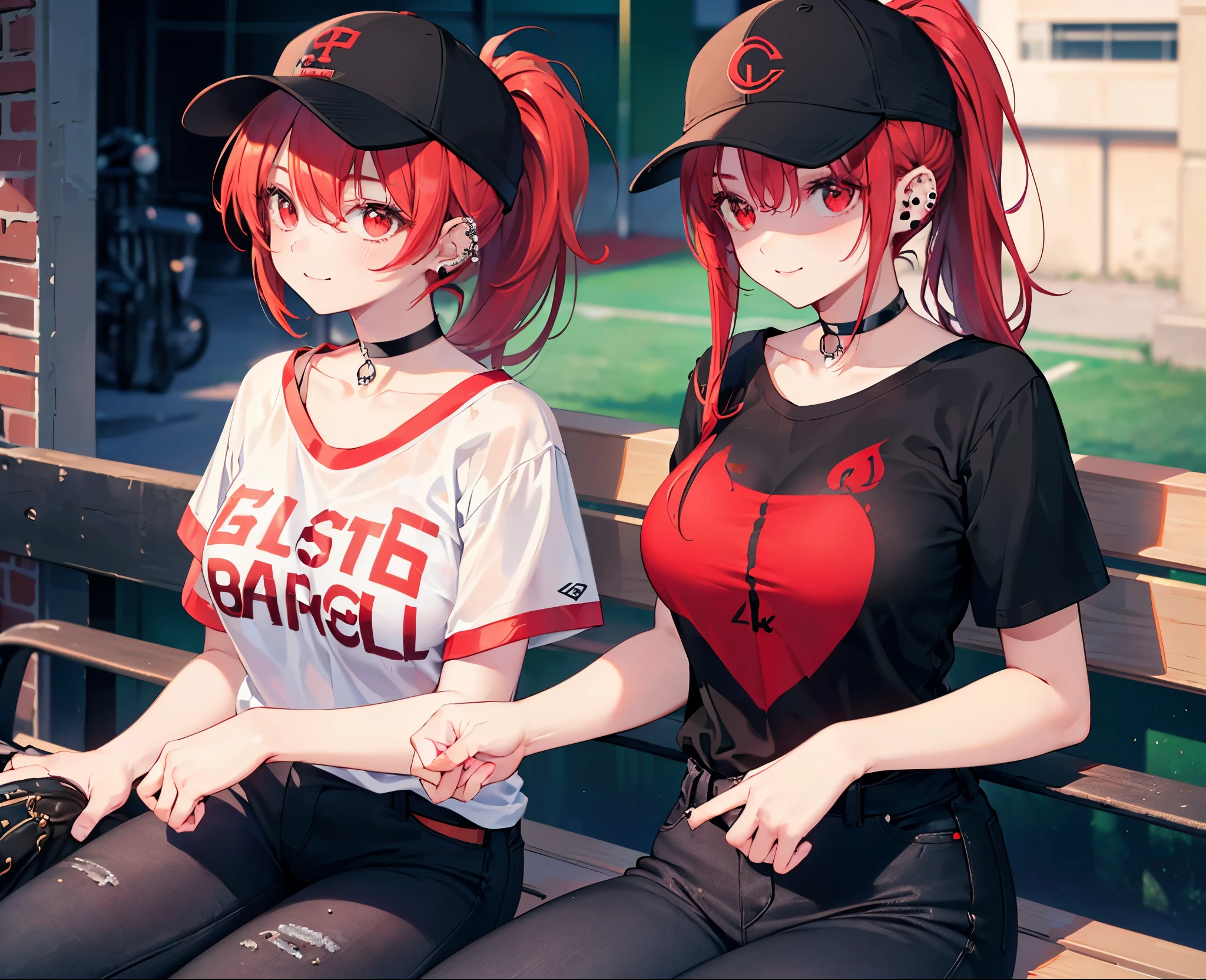 (Close-up:1.3),Realistic,Highest quality, Ultra Detail, High-quality CG rendering, The most delicate and beautiful, Floating softly, High resolution, (1 girl), (Highest quality,4K,8k,masterpiece:1.2),(All red hair:1.5), (ponytail:1.5),(Red eyes:1.5),(Slightly larger breasts:1.2), (Oversized black short sleeve t-shirt:1.5),(Black skinny jeans:1.5),(Black baseball cap:1.5),In the city,old buildings,Narrow back alley,(Sitting on a bench:1.3),smile,(Piercing in left ear:1.3),(Pitch black choker:1.5)