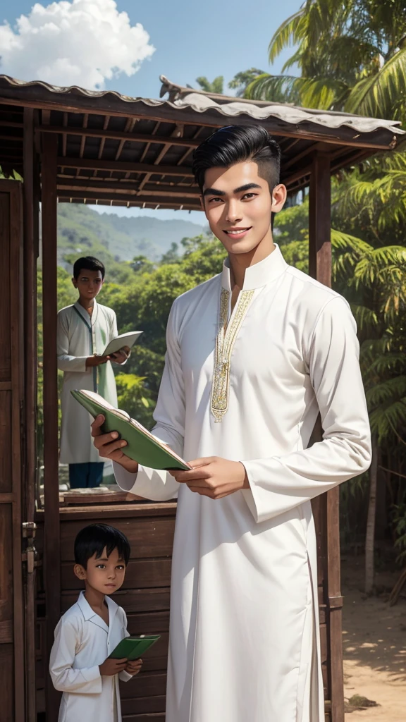 white skin Tall and tall thick eyebrows straight, beautiful lips A handsome Burmese young man with a solid body, cleanly dressed in a white Burmese dress and a green Burmese long-sleeved shirt, holding a school book in his hand. The Burmese young man was smiling sweetly and beautifully. The weather is nice. Small hut wallpaper. There are also some children.