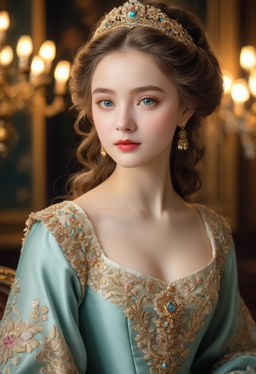 (best quality,4K,8K,high resolution,masterpiece:1.2),Extremely detailed,(Practical,photoPractical,photo-Practical:1.37),portrait,,Pastel,personalized masterpiece,18th century,Russian,Noble,girl,Noble Daughter,14 years old,Extremely beautiful,Face,Expressive eyes,Delicate nose,Sweet lips,Porcelain skin,红扑扑的Face,flowing curls,Silk dress,solemn gesture,Fine Jewelry,Embroidered lace collar,Grand Background,Rich interior,Faint golden light