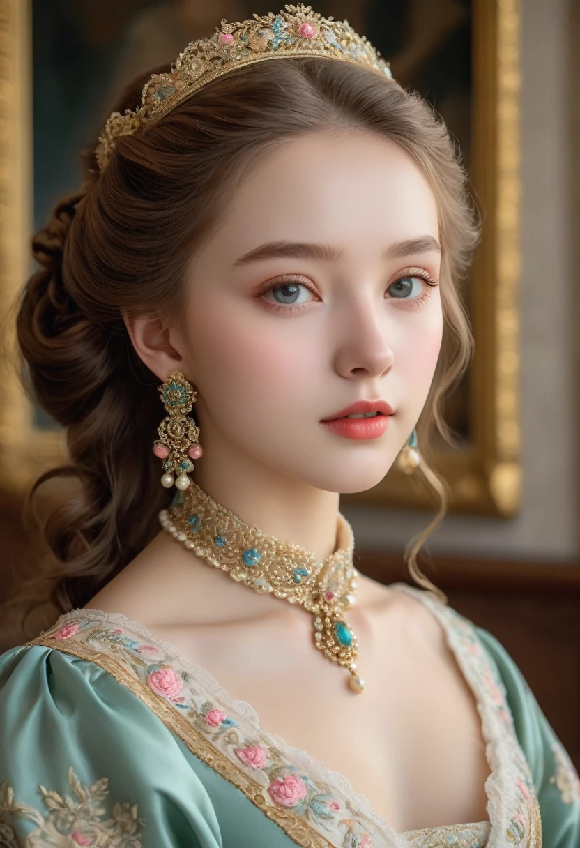 (best quality,4K,8K,high resolution,masterpiece:1.2),Extremely detailed,(Practical,photoPractical,photo-Practical:1.37),portrait,,Pastel,personalized masterpiece,18th century,Russian,Noble,girl,Noble Daughter,14 years old,Extremely beautiful,Face,Expressive eyes,Delicate nose,Sweet lips,Porcelain skin,红扑扑的Face,flowing curls,Silk dress,solemn gesture,Fine Jewelry,Embroidered lace collar,Grand Background,Rich interior,Faint golden light