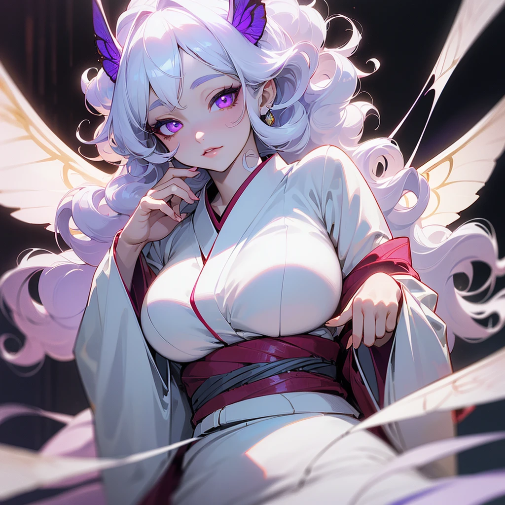 ((ultra quality)), ((masterpiece)), ((devil)), ((yokai)), ((Angelic beauty woman)), ((Purple Moth Wings)), ((huge moth wings)), ((long white curly hair)), ((White hair)), ((White hair)), ((curly hair)),  (beautiful face), (beautiful female lips), Enchanting ((Seductive facial expression)), looks at the camera with a slight smile, (White skin color), (White skin), glow on the body, ((detailed eyes)), ((violet eyes)), (juicy female lips), (dark eyeliner), (beautiful female hands), ((thick body)), ideal female body, ((white kimono)), beautiful waist, beautiful big hips, big breasts, thick thighs, ((Subtle and beautiful)) (), ((depth of field)), ((high quality clear image)), (delete details), ((High detail)), ((clear focus))