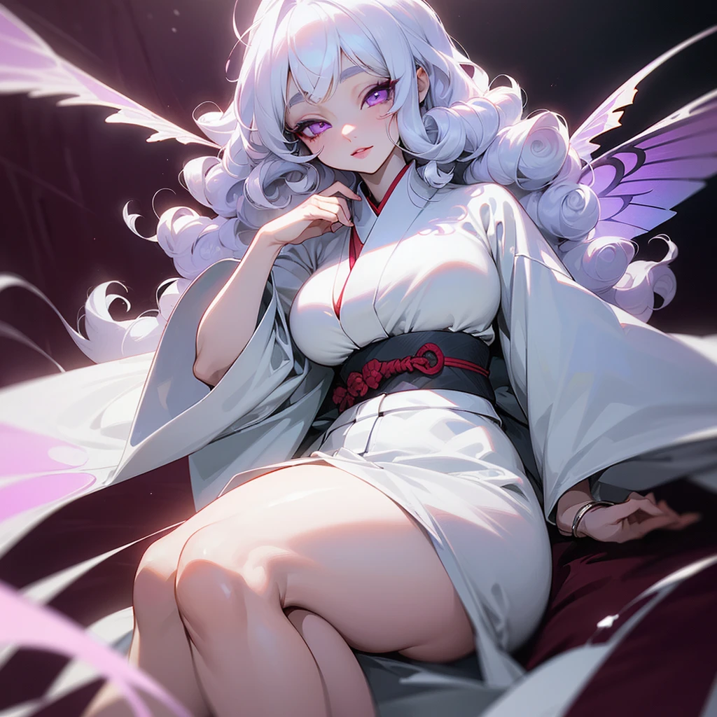 ((ultra quality)), ((masterpiece)), ((devil)), ((yokai)), ((Angelic beauty woman)), ((Silk Moth Wings)), ((moth wings)), ((long white curly hair)), ((White hair)), ((White hair)), ((curly hair)), (beautiful face), (beautiful female lips), Enchanting ((Seductive facial expression)), looks at the camera with a slight smile, (White skin color), (White skin), glow on the body, ((detailed eyes)), ((violet eyes)), (juicy female lips), (dark eyeliner), (beautiful female hands), ((thick body)), ideal female body, ((white kimono)), beautiful waist, beautiful big hips, big breasts, thick thighs, ((Subtle and beautiful)) (), ((depth of field)), ((high quality clear image)), (delete details), ((High detail)), ((clear focus))