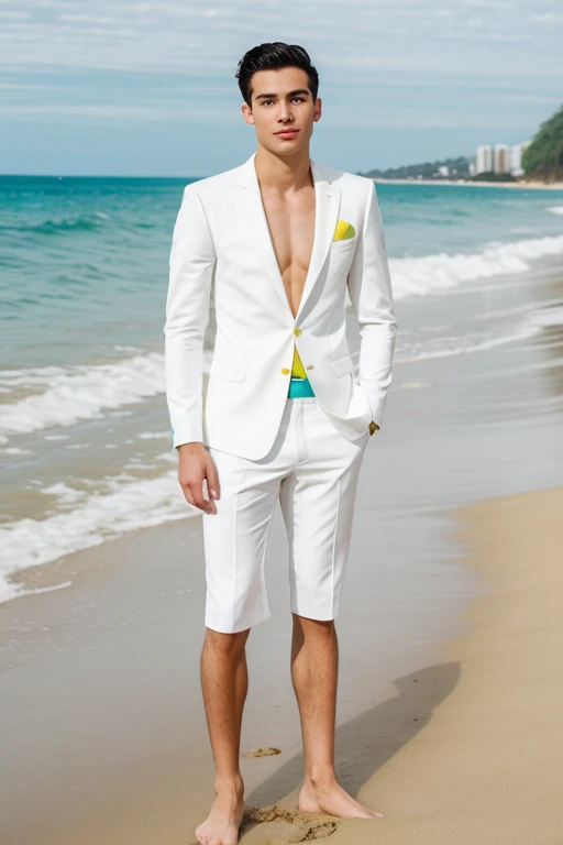 A young man, Beautiful, handsome, skinny, white without shirt,suit on the beach with swimsuit custom of Brazil with symbol of the country Brazil green yellow and blue
