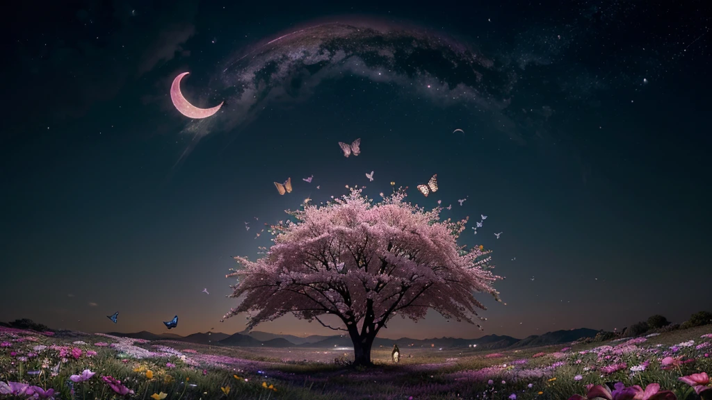 A vibrant night scene with a large crescent moon at the center, surrounded by various colorful butterflies and an array of flowers at the bottom. The sky is dark with stars, and there are pink clouds near the top. The image portrays a whimsical depiction of nature at night, combining elements that are not typically seen together in such a vivid and fantastical manner.