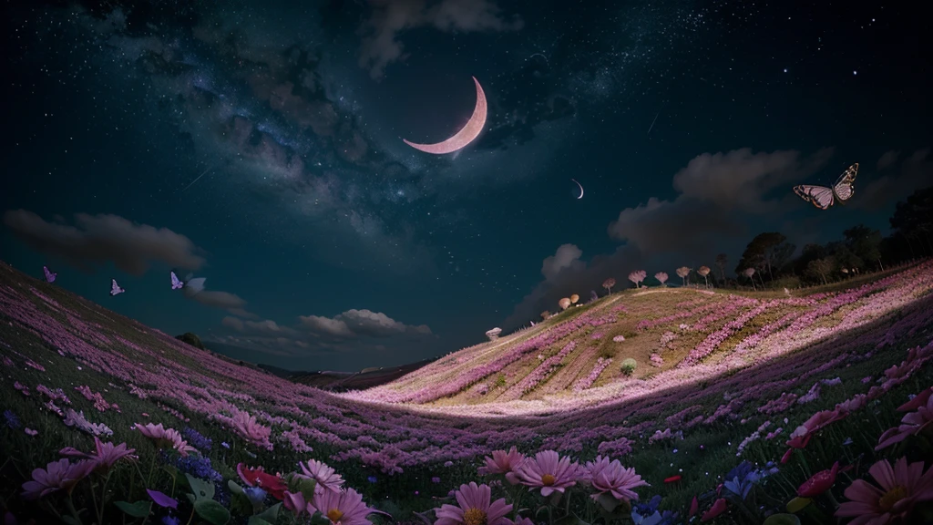 A vibrant night scene with a large crescent moon at the center, surrounded by various colorful butterflies and an array of flowers at the bottom. The sky is dark with stars, and there are pink clouds near the top. The image portrays a whimsical depiction of nature at night, combining elements that are not typically seen together in such a vivid and fantastical manner.