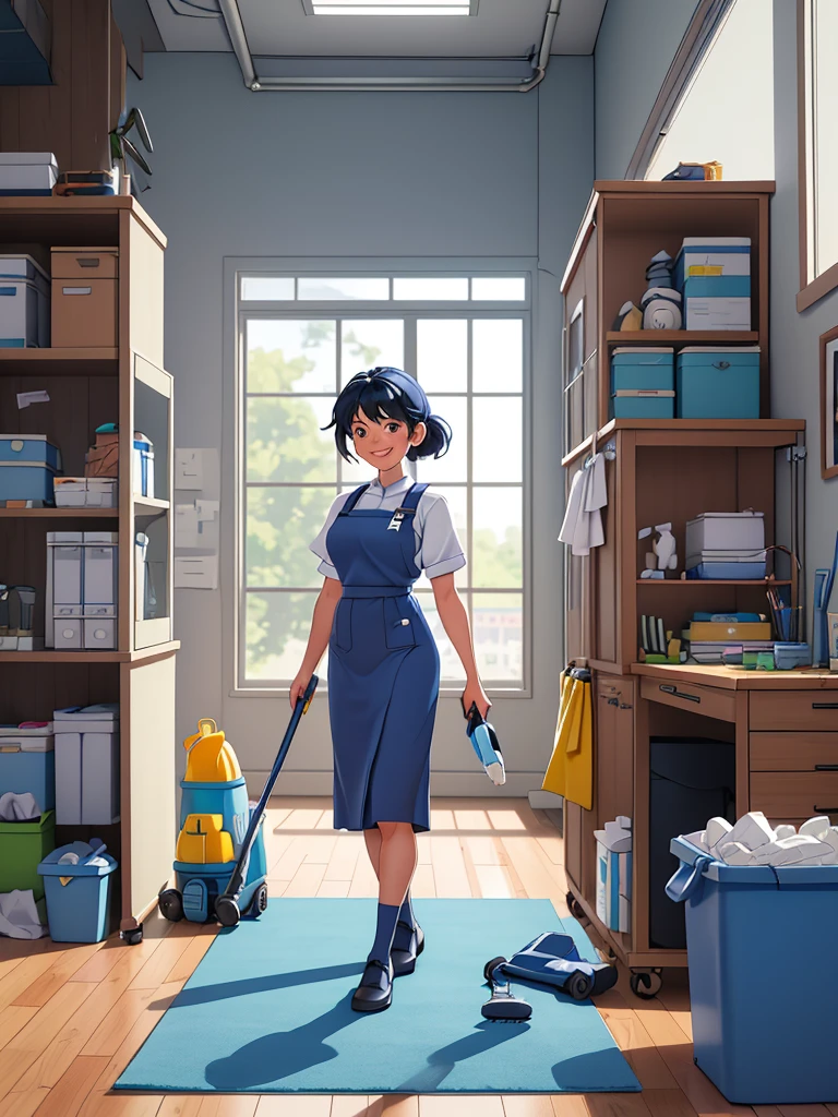 A diligent cleaning staff composed of two men and one woman, all clad in matching navy blue uniforms with crisp white aprons, actively engaged in their duties within a spacious office setting. The woman, with a vibrant smile, operates a sleek, ergonomic vacuum cleaner, meticulously maneuvering around modern office furniture to eliminate dust bunnies from the plush carpet. To her left, one of the men wipes down a floor-to-ceiling glass window with a squeegee, casting a streak-free shine that allows the natural light to flood the room, revealing the bustling cityscape outside. The second man, with a focus that speaks of his dedication, is in the process of sanitizing a large conference table with a disinfectant spray and microfiber cloth, ensuring that every nook and cranny is spotless. In the background, office chairs are neatly pushed in, and desks are clear of clutter, a testament to their thoroughness. The cleaning supplies are arranged in a tidy cart, which includes a bin for recyclables and another for trash, emphasizing their commitment to an organized and eco-friendly work environment. The three staff members appear to be in harmony, working together as a well-oiled machine, each contributing to the transformation of the office from a day's worth of productivity into a pristine space ready for the next day's challenges. The room is filled with the faint scent of lemon-infused cleaning products and the soft hum of their tools, creating an atmosphere of order and efficiency. The scene is one of industrious teamwork and the unspoken pride they take in maintaining a clean and welcoming professional environment.