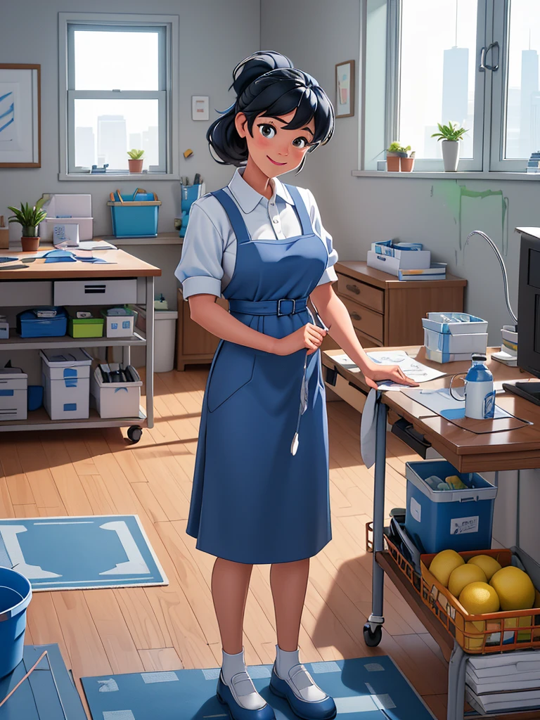 A diligent cleaning staff composed of two men and one woman, all clad in matching navy blue uniforms with crisp white aprons, actively engaged in their duties within a spacious office setting. The woman, with a vibrant smile, operates a sleek, ergonomic vacuum cleaner, meticulously maneuvering around modern office furniture to eliminate dust bunnies from the plush carpet. To her left, one of the men wipes down a floor-to-ceiling glass window with a squeegee, casting a streak-free shine that allows the natural light to flood the room, revealing the bustling cityscape outside. The second man, with a focus that speaks of his dedication, is in the process of sanitizing a large conference table with a disinfectant spray and microfiber cloth, ensuring that every nook and cranny is spotless. In the background, office chairs are neatly pushed in, and desks are clear of clutter, a testament to their thoroughness. The cleaning supplies are arranged in a tidy cart, which includes a bin for recyclables and another for trash, emphasizing their commitment to an organized and eco-friendly work environment. The three staff members appear to be in harmony, working together as a well-oiled machine, each contributing to the transformation of the office from a day's worth of productivity into a pristine space ready for the next day's challenges. The room is filled with the faint scent of lemon-infused cleaning products and the soft hum of their tools, creating an atmosphere of order and efficiency. The scene is one of industrious teamwork and the unspoken pride they take in maintaining a clean and welcoming professional environment.