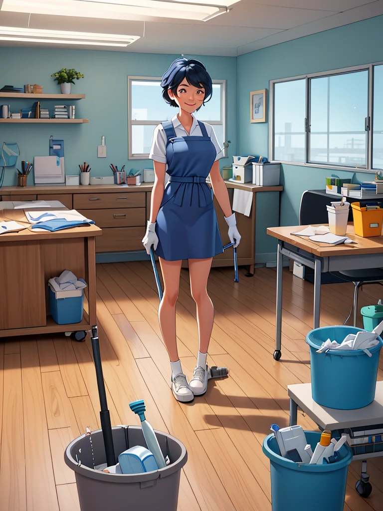 A diligent cleaning staff composed of two men and one woman, all clad in matching navy blue uniforms with crisp white aprons, actively engaged in their duties within a spacious office setting. The woman, with a vibrant smile, operates a sleek, ergonomic vacuum cleaner, meticulously maneuvering around modern office furniture to eliminate dust bunnies from the plush carpet. To her left, one of the men wipes down a floor-to-ceiling glass window with a squeegee, casting a streak-free shine that allows the natural light to flood the room, revealing the bustling cityscape outside. The second man, with a focus that speaks of his dedication, is in the process of sanitizing a large conference table with a disinfectant spray and microfiber cloth, ensuring that every nook and cranny is spotless. In the background, office chairs are neatly pushed in, and desks are clear of clutter, a testament to their thoroughness. The cleaning supplies are arranged in a tidy cart, which includes a bin for recyclables and another for trash, emphasizing their commitment to an organized and eco-friendly work environment. The three staff members appear to be in harmony, working together as a well-oiled machine, each contributing to the transformation of the office from a day's worth of productivity into a pristine space ready for the next day's challenges. The room is filled with the faint scent of lemon-infused cleaning products and the soft hum of their tools, creating an atmosphere of order and efficiency. The scene is one of industrious teamwork and the unspoken pride they take in maintaining a clean and welcoming professional environment.
