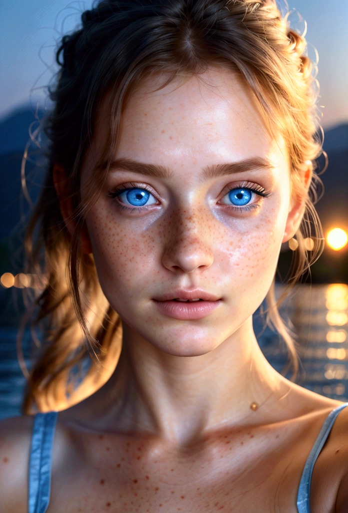 (realistic, masterpiece, best quality), (Delicate and detailed blue eyes, nose, Lips, freckles, One 20-year-old young woman with beautiful features_Selfie in front of the background), black night sky with shining stars, A huge moon shining behind the mountains. A quiet lake reflects the moonlight_Detailed and meticulous details:1.2, sunset, realistic scene, Detail, photorealism, 8K masterpiece, best quality, Sharp resolution,