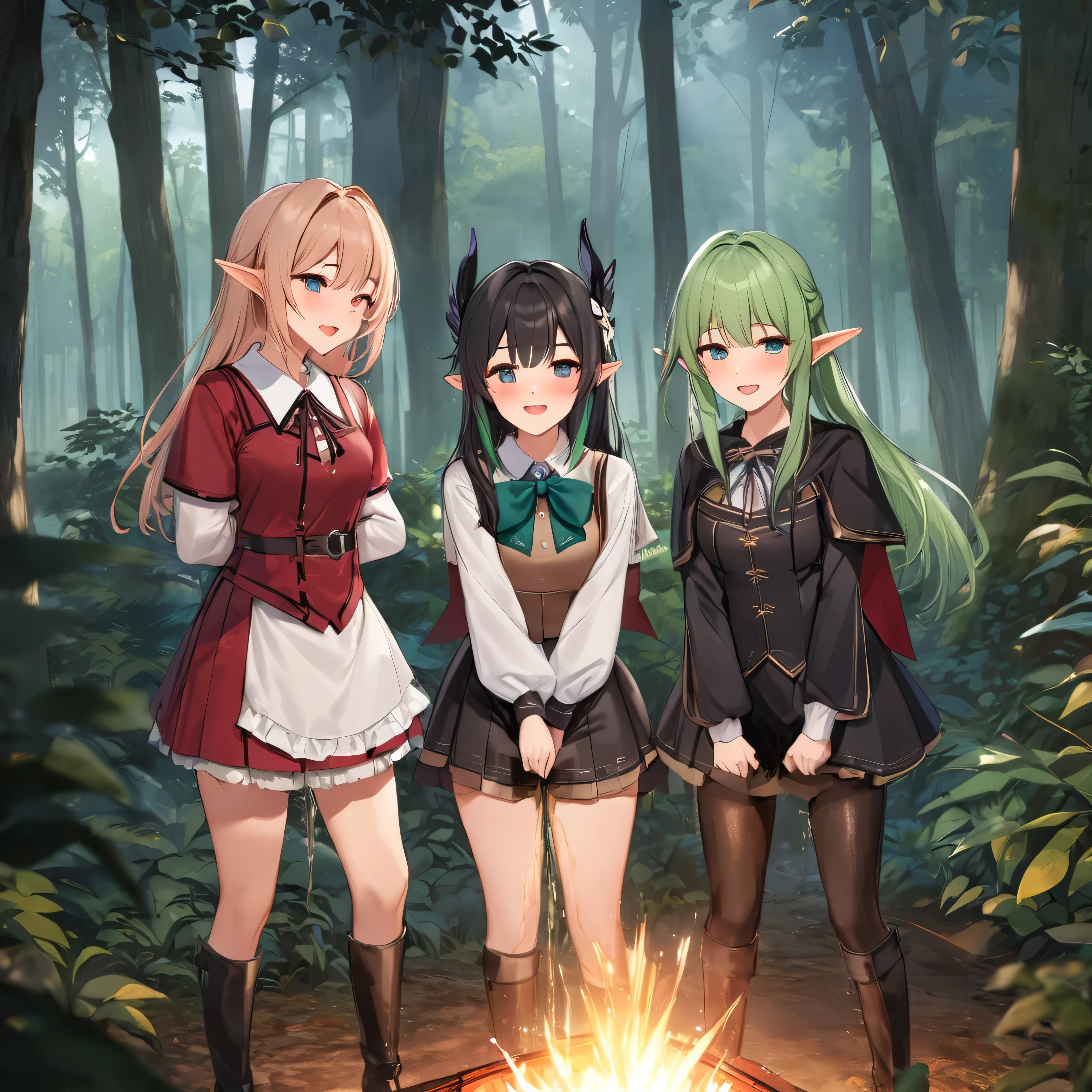 ((masterpiece,Highest quality;1.3,best illustration,realistic)), 3 elf girls, elf ears, blushing, mouths open in arousal, (incontinence:1.5)、(peeing:1.3)  pee stains, wet panties, fantasy clothes, ensemble in the forest,  campfire.