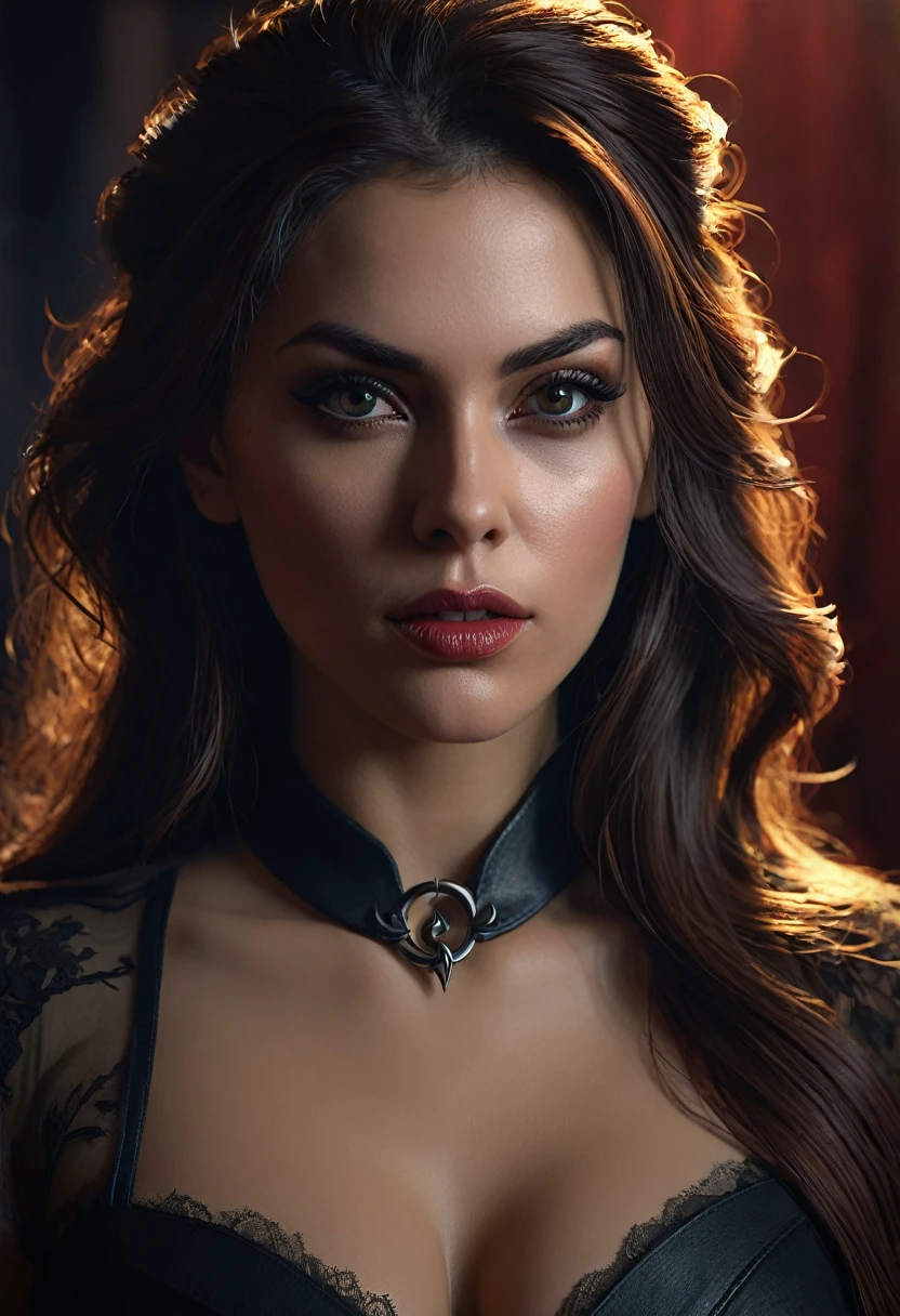 Create a hyperrealistic digital painting of Andariel from the Diablo video game, featuring a highly realistic and ultradetailed 3D style. The artwork should be stunning, with a demonic appearance, and incorporate elements of hyper-realism, surrealism, and noir. Portraits should have natural colors, with HDRI and studio lighting, deep focus at f/22, and resemble a cinematic film still. It should be shot as if on a Sony a7R V, with film grain, color grading, post-processing, and cinematic lighting akin to 35mm film. Ensure the highest quality by applying chiaroscuro techniques, and render the image in 8k resolution.